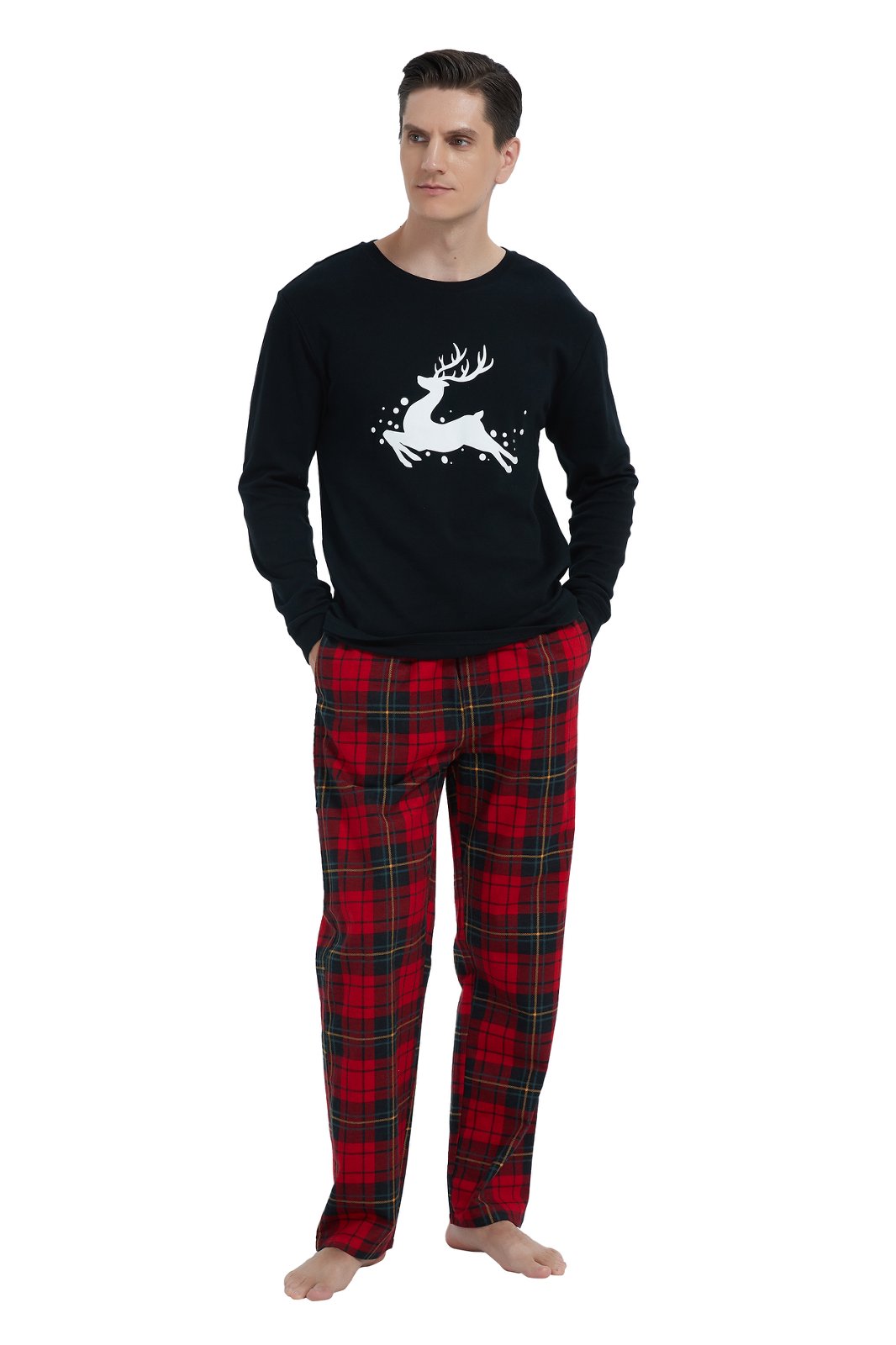 GLOBAL Men's Cotton Knit Top Flannel Pants Sleepwear Matching Pajamas for Couple Pjs for Family, Size S-3XL