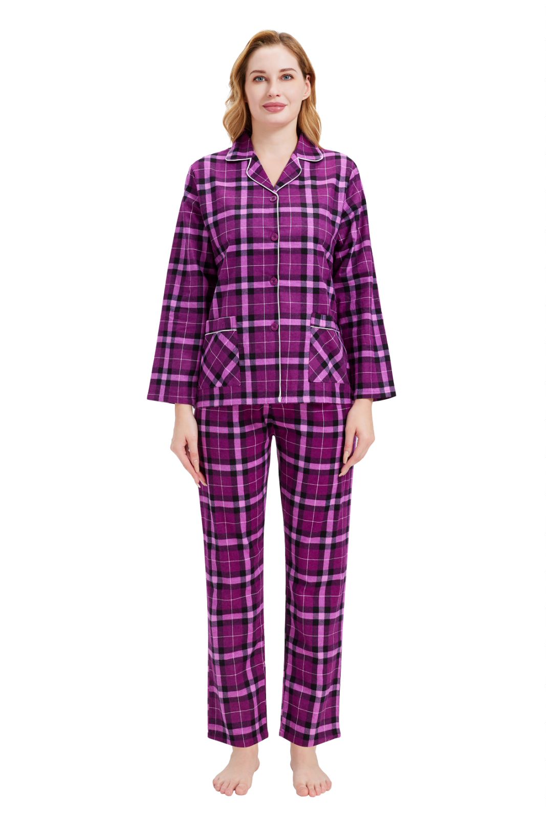 GLOBAL Women’s Flannel Pajama Set 100% Cotton Comfy PJs for Women Long Sleeve Button Front 2-Piece Warm and Cozy Sleepwear