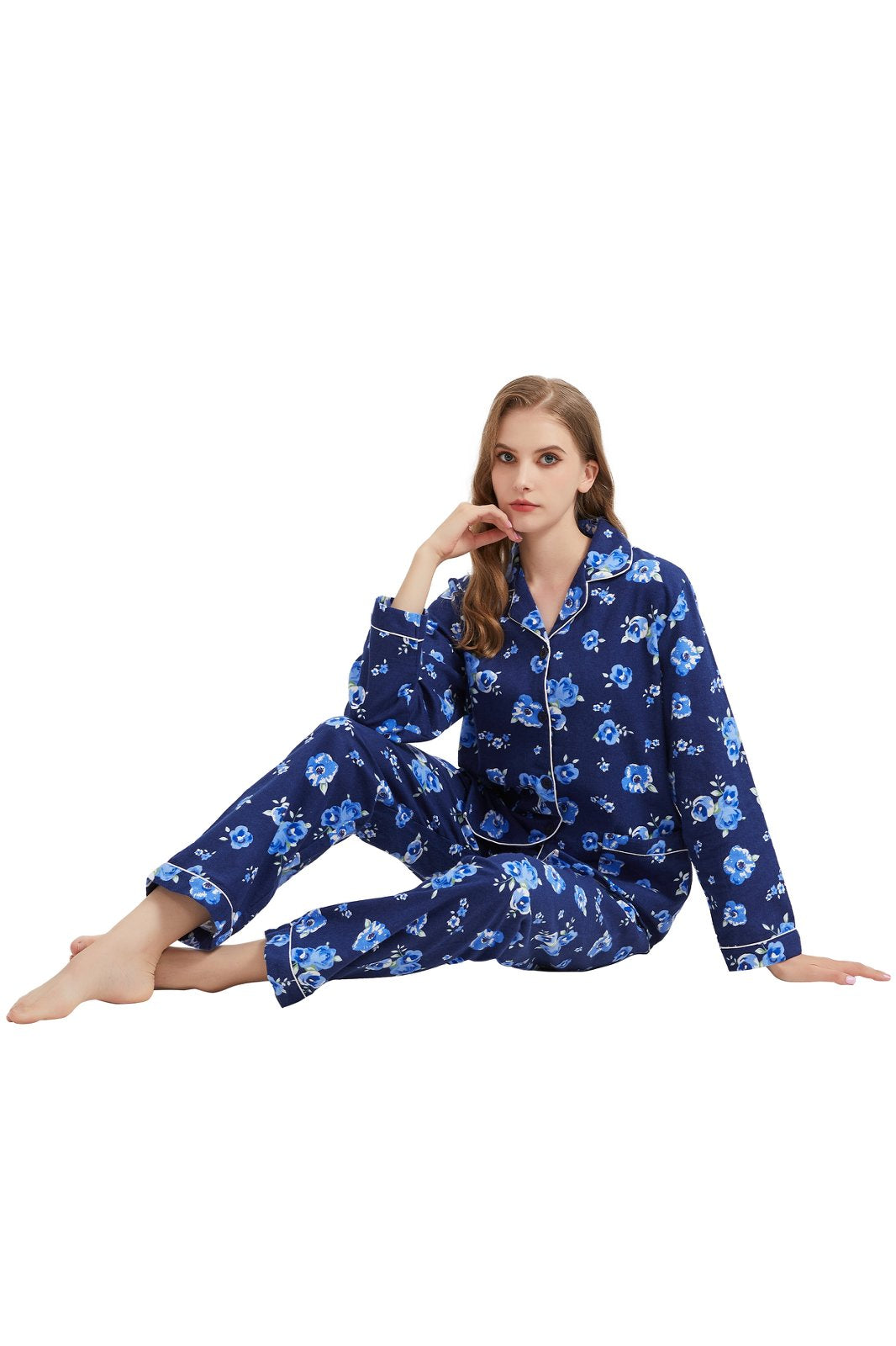 GLOBAL Womens Flannel Cotton Pajama Set Long PJs Flannel Loungewear Sleepwear,Size S-3XL