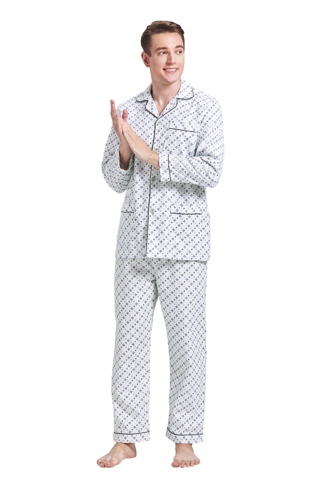 GLOBAL Men's Cotton Flannel Pajama Set, Long Sleeve Button‑Down Top & Long Pants Sleepwear, Soft Warm Loungewear, S-3XL