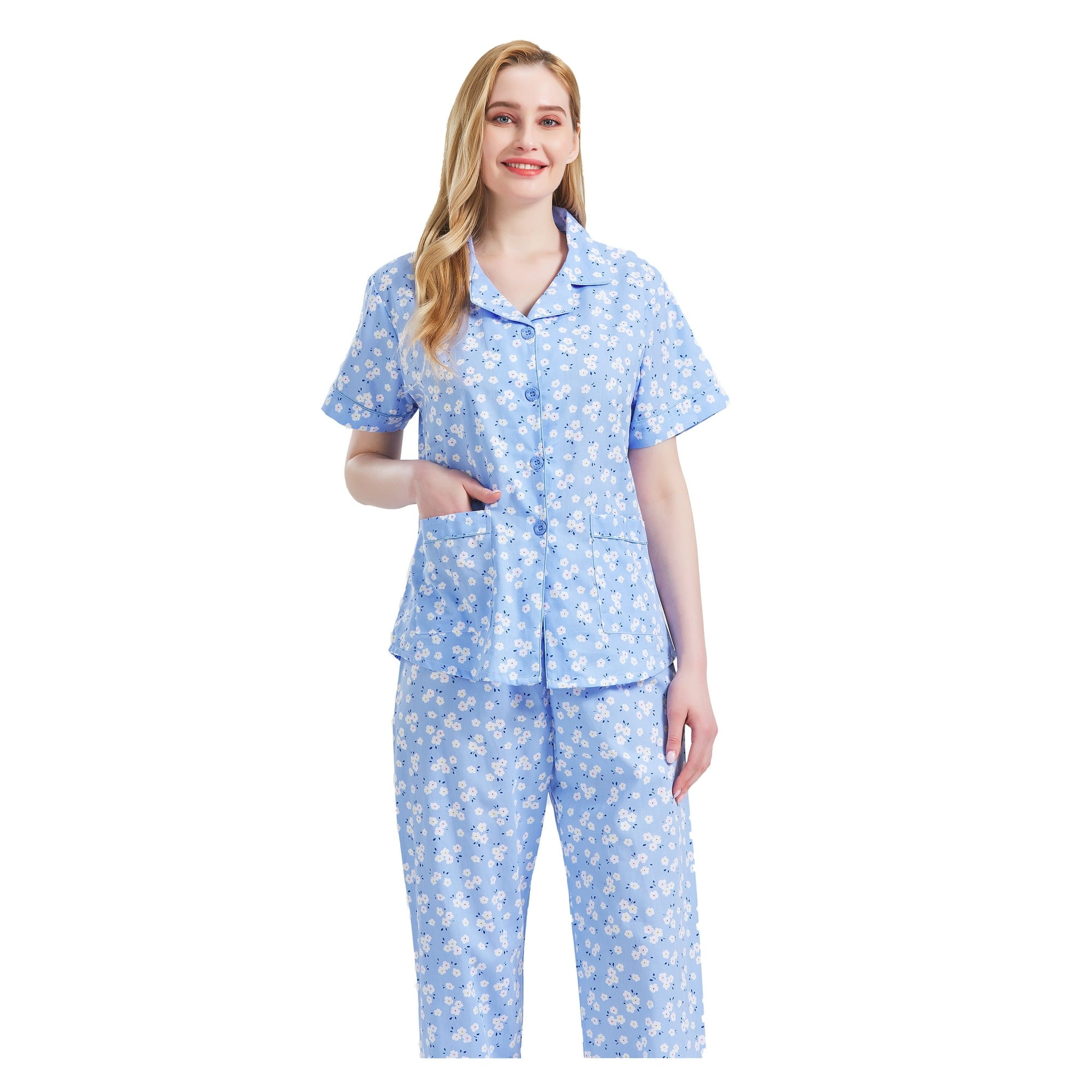 GLOBAL Women 100% Cotton Button Down Short Sleeve Top & Long Pants Summer Pajama Set with Pockets, 2-Piece, Sizes S to 3XL