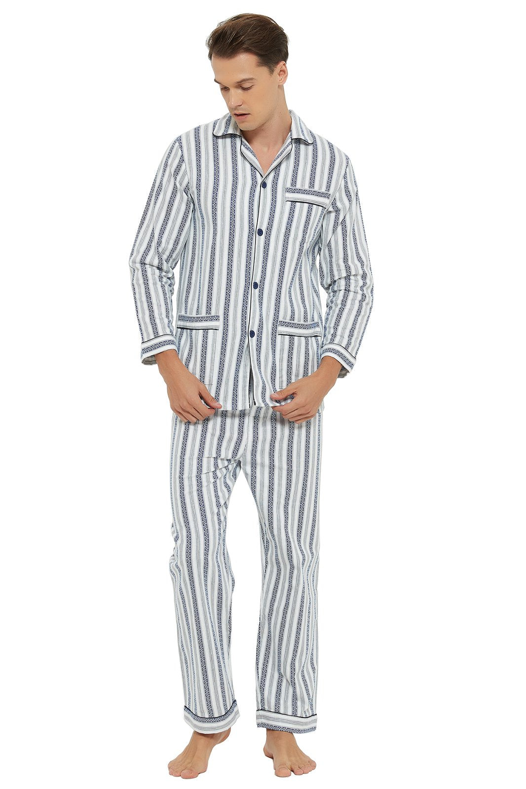 GLOBAL Men's Cotton Flannel Pajama Set, Long Sleeve Button‑Down Top & Long Pants Sleepwear, Soft Warm Loungewear, S-3XL