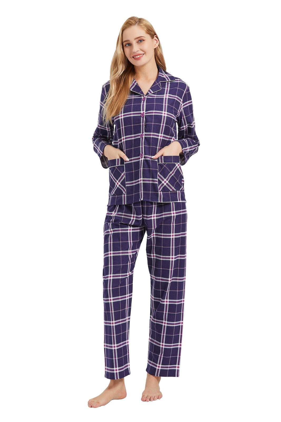 GLOBAL Womens Cotton Flannel Pajama Set - Cozy Winter 2-Piece Loungewear with Button-Down Top & Pants