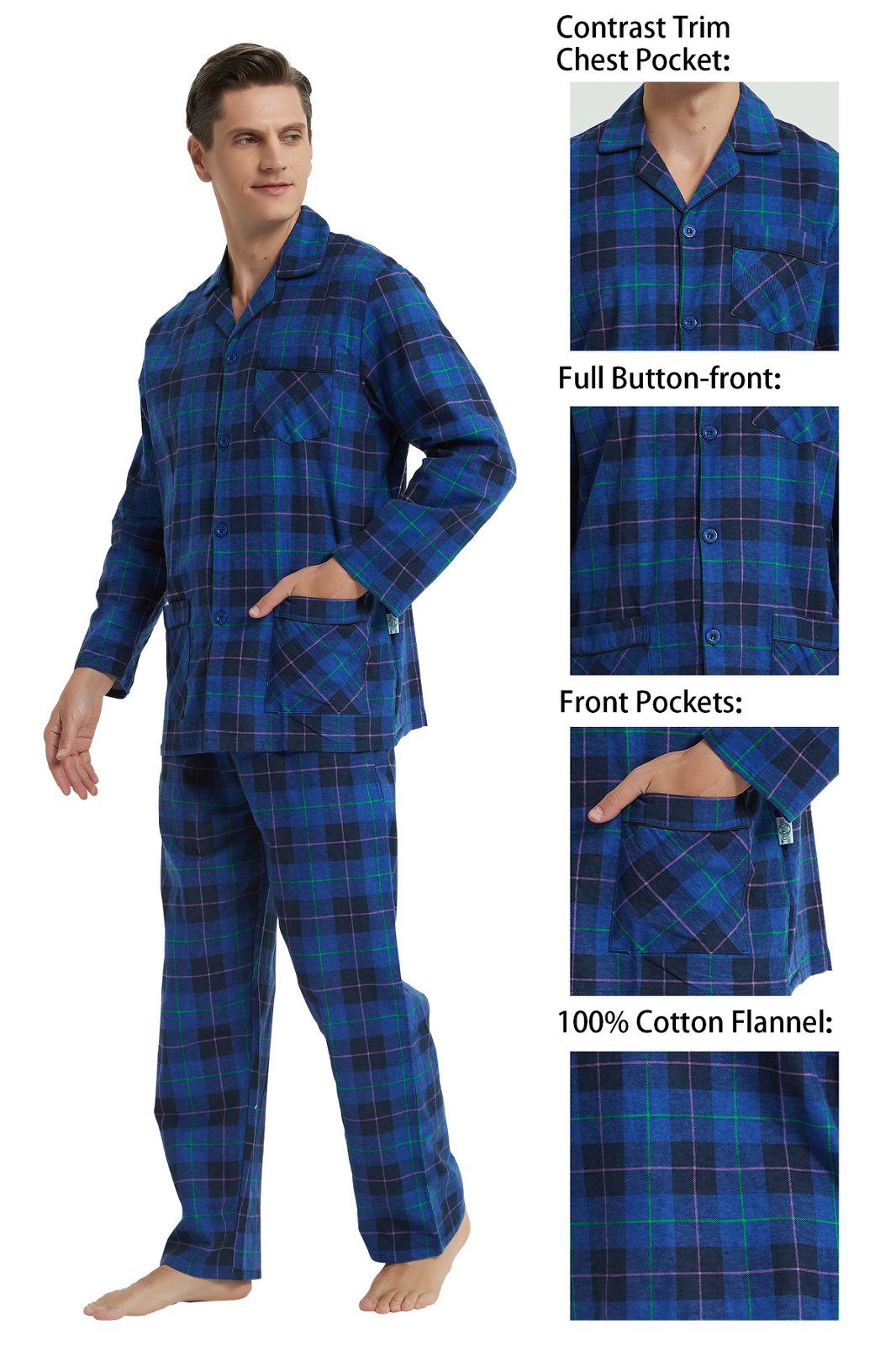 GLOBAL Men's Long Sleeve Flannel Pajamas Sets 100% Cotton Sleepwear Top and Bottom