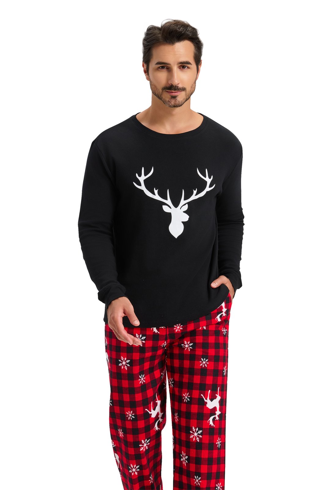 GLOBAL Men's Cotton Knit Top Flannel Pants Sleepwear Matching Pajamas for Couple Pjs for Family, Size S-3XL