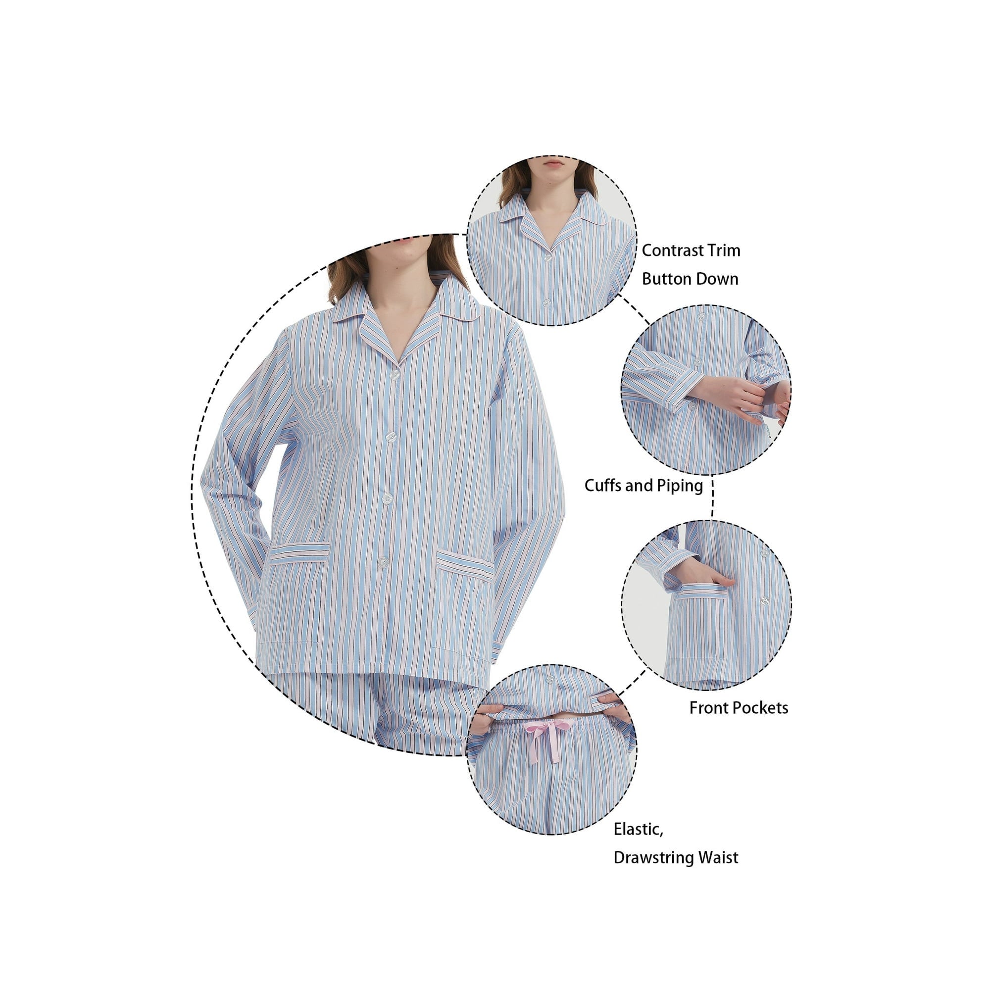 GLOBAL Womens 100% Cotton Notch Collar Pajama Set Homewear with Pockets, Spring & Summer, 2-Piece, Sizes S to 3X