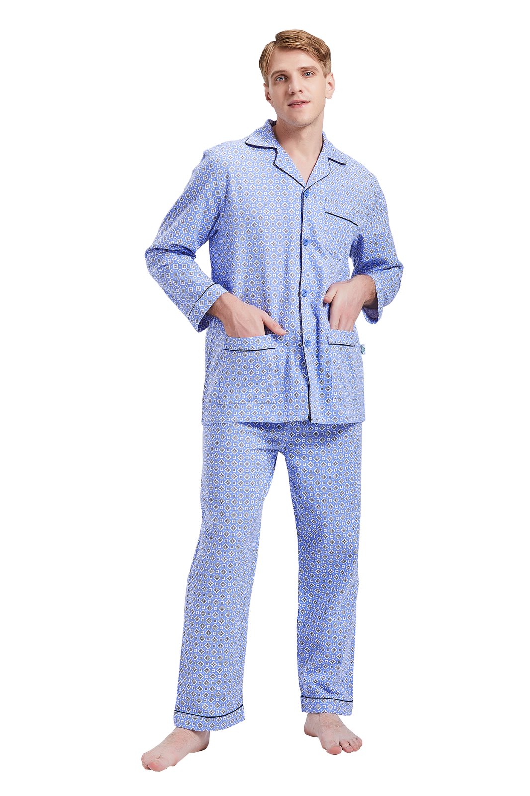 GLOBAL Men's Pajamas Sets 100% Cotton Flannel Sleepwear Long-Sleeve Top & Bottom