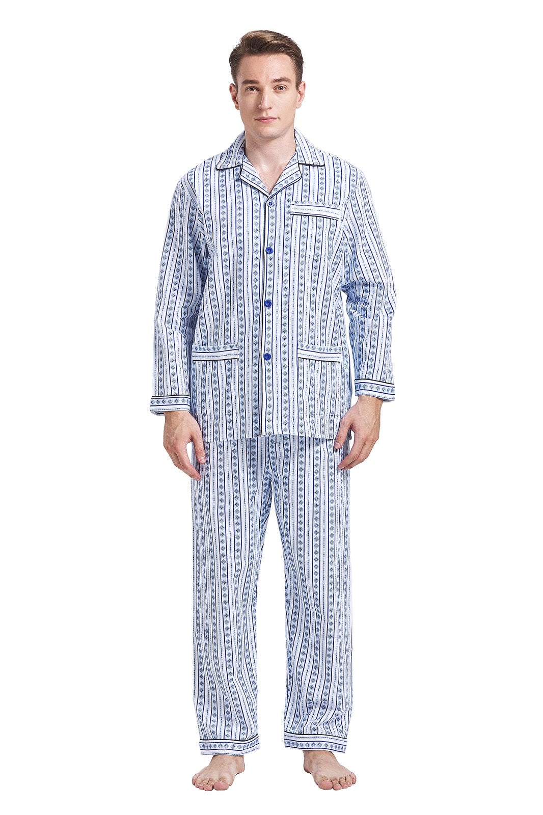 GLOBAL Men's Cotton Flannel Pajama Set, Long Sleeve Button‑Down Top & Long Pants Sleepwear, Soft Warm Loungewear, S-3XL