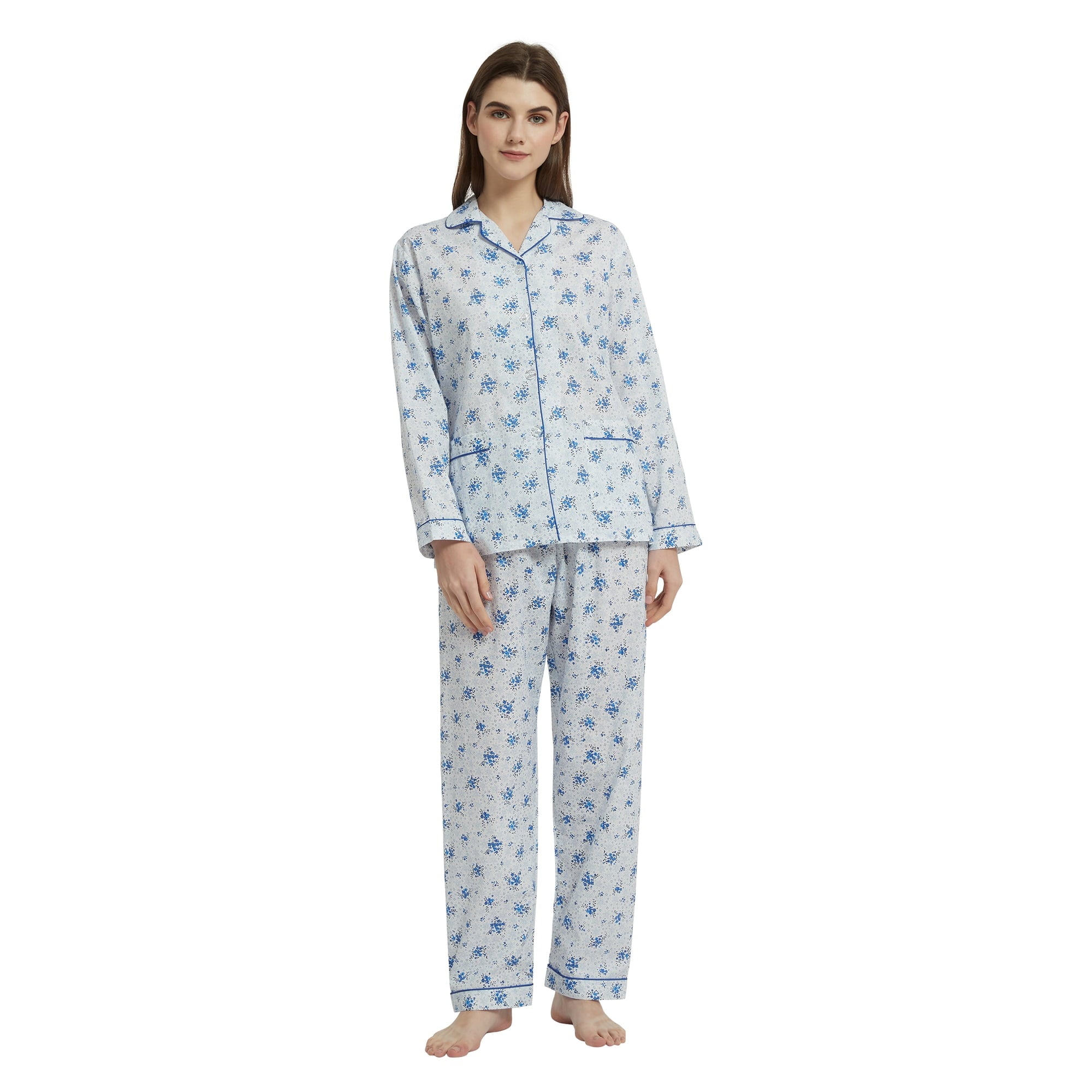Amaxer Women's Pure Cotton Long Sleeve Notch Collar Pajama Set - Breathable Lightweight Sleepwear , Soft Loungewear for Spring and Summer & Comfort