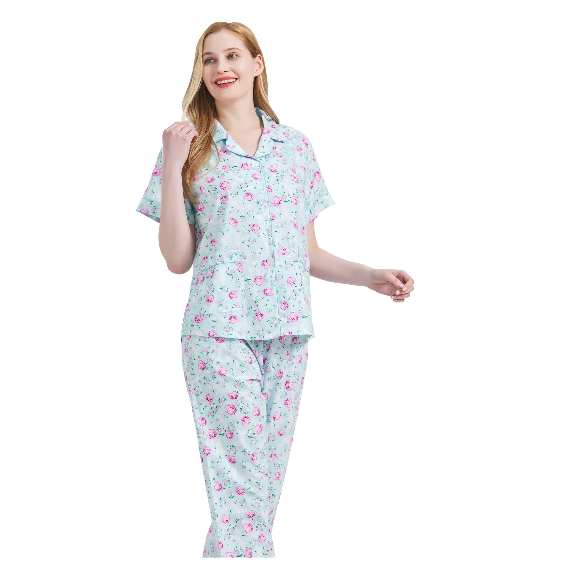 GLOBAL Women 100% Cotton Button Down Short Sleeve Top & Long Pants Summer Pajama Set with Pockets, 2-Piece, Sizes S to 3XL