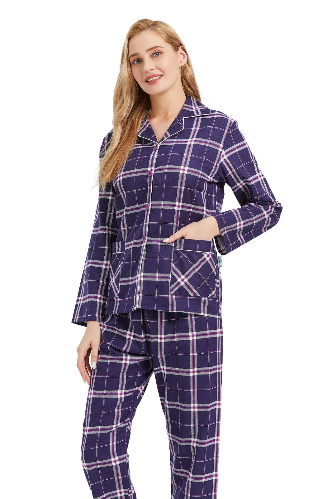 GLOBAL Womens Cotton Flannel Pajama Set - Cozy Winter 2-Piece Loungewear with Button-Down Top & Pants