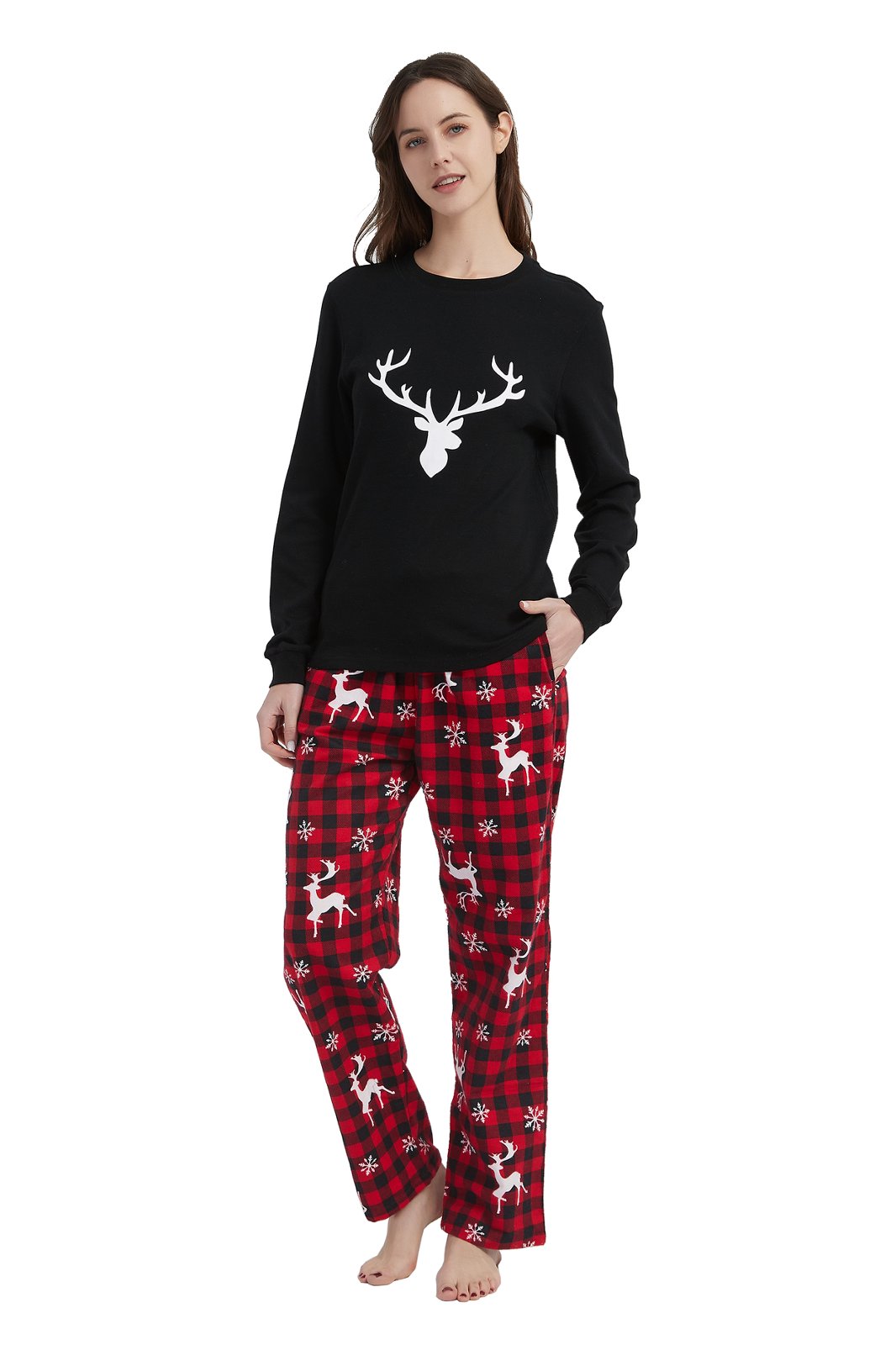 GLOBAL Women's Cotton Knit Top Flannel Pants Sleepwear Matching Pajamas for Couple Pjs for Family, Size S-3XL