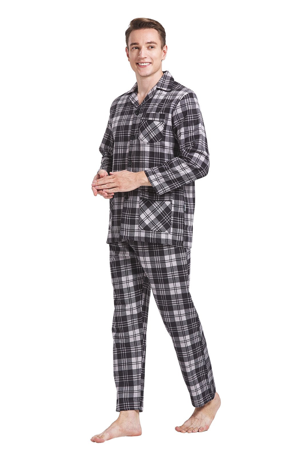 GLOBAL Mens Pajamas Sets Cotton Flannel Sleepwear Long-Sleeve Top & Bottom, S-XXL