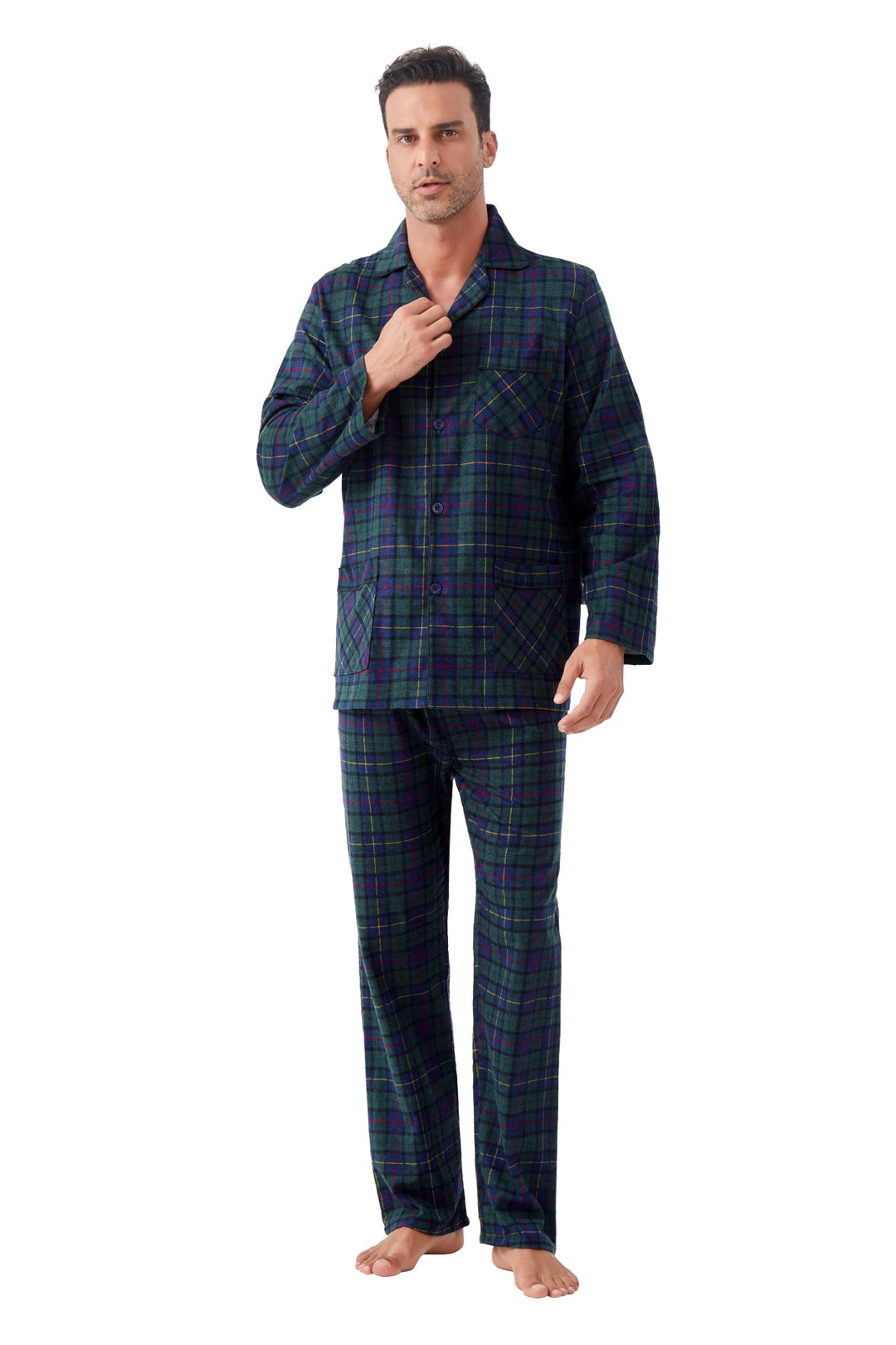GLOBAL Men's Cotton Flannel Pajama Set, Long Sleeve Button‑Down Top & Long Pants Sleepwear, Soft Warm Loungewear, S-3XL