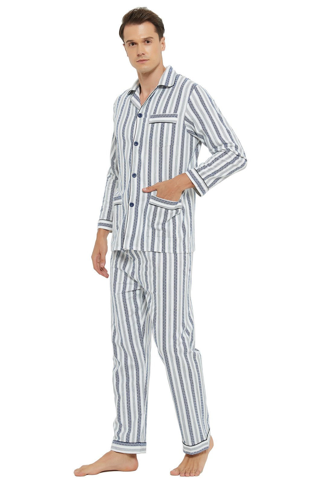 GLOBAL Men's Cotton Flannel Pajama Set, Long Sleeve Button‑Down Top & Long Pants Sleepwear, Soft Warm Loungewear, S-3XL