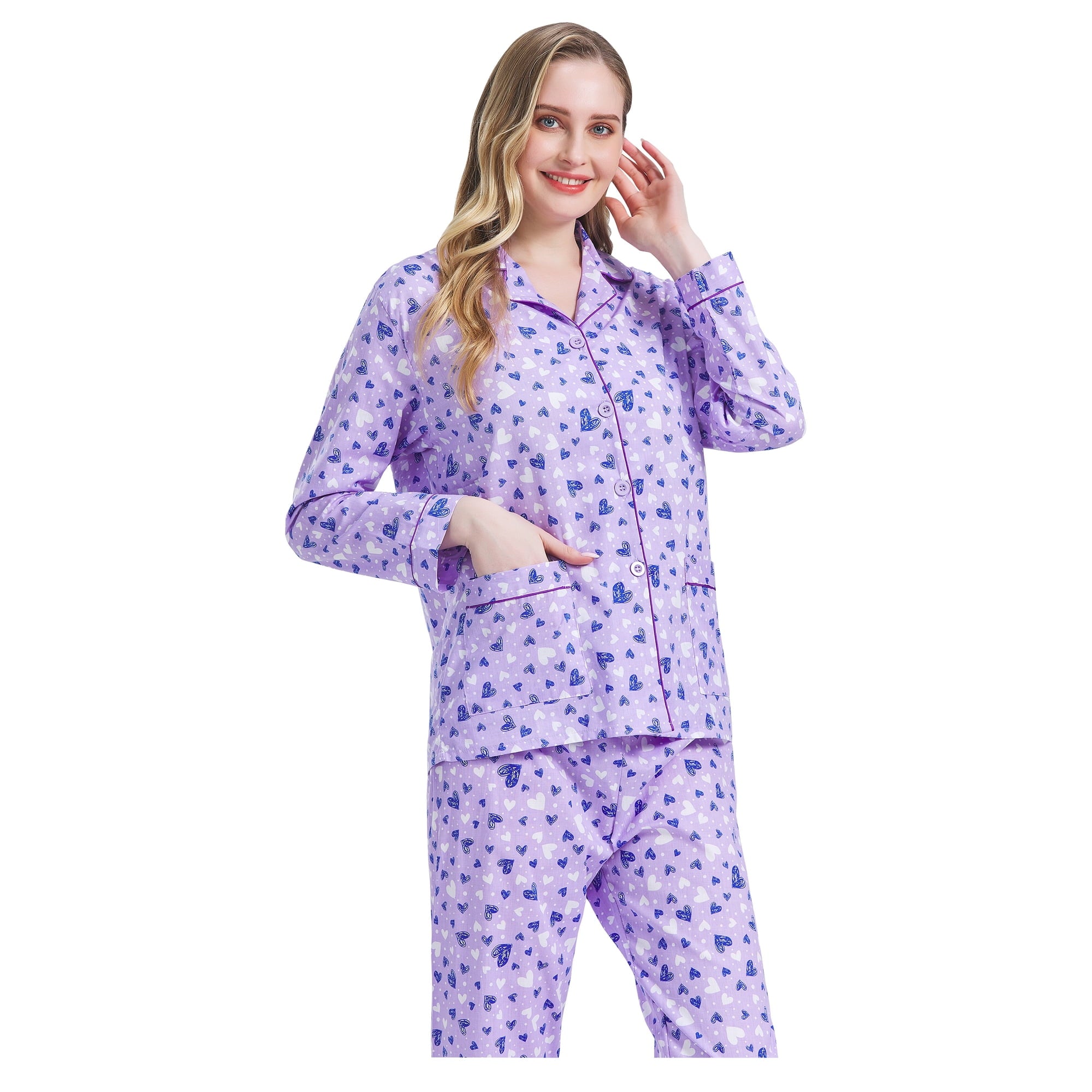 Amaxer Women's Pure Cotton Long Sleeve Notch Collar Pajama Set - Breathable Lightweight Sleepwear , Soft Loungewear for Spring and Summer & Comfort