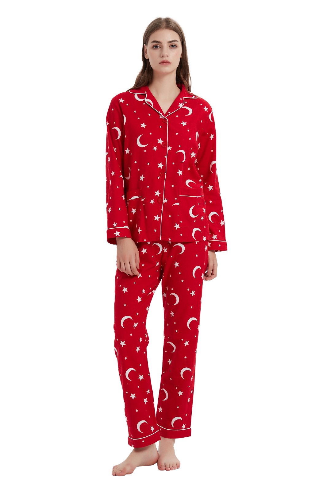 GLOBAL Womens Flannel Cotton Pajama Set Long PJs Flannel Loungewear Sleepwear,Size S-3XL