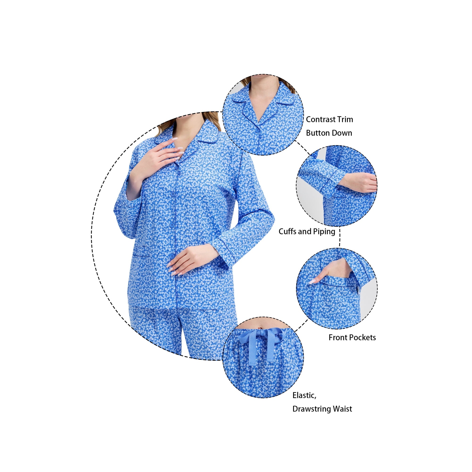 GLOBAL Womens 100% Cotton Notch Collar Pajama Set Homewear with Pockets, Spring & Summer, 2-Piece, Sizes S to 3X
