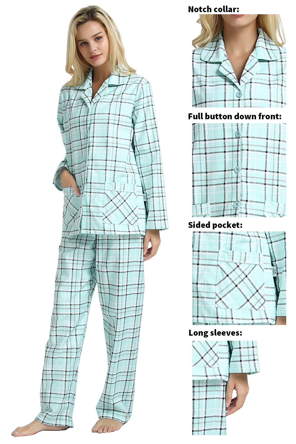 GLOBAL Women’s Flannel Pajama Set 100% Cotton Comfy PJs for Women Long Sleeve Button Front 2-Piece Warm and Cozy Sleepwear,Size S-3XL