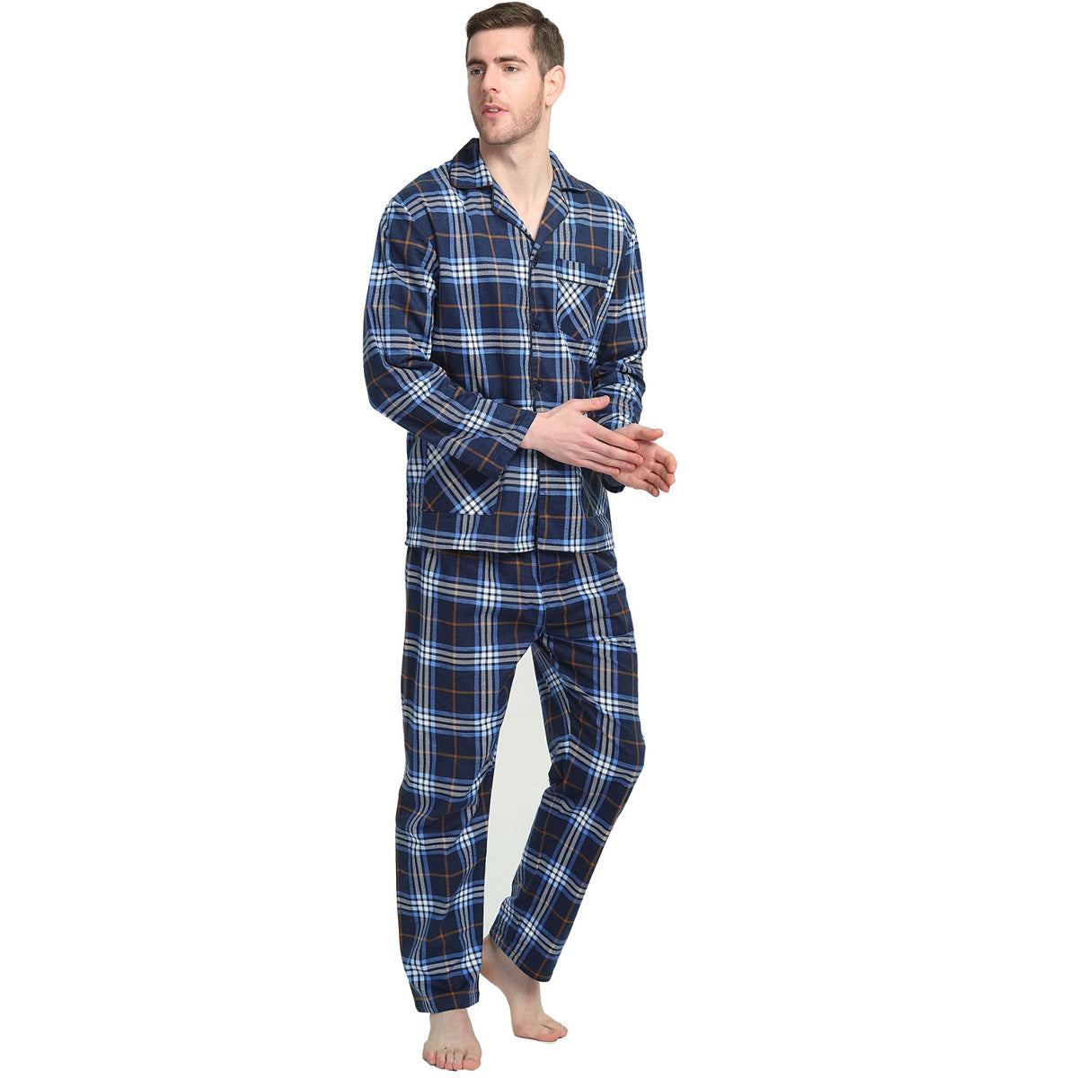 GLOBAL Men's Long Sleeve Flannel Pajamas Sets 100% Cotton Sleepwear Top and Bottom