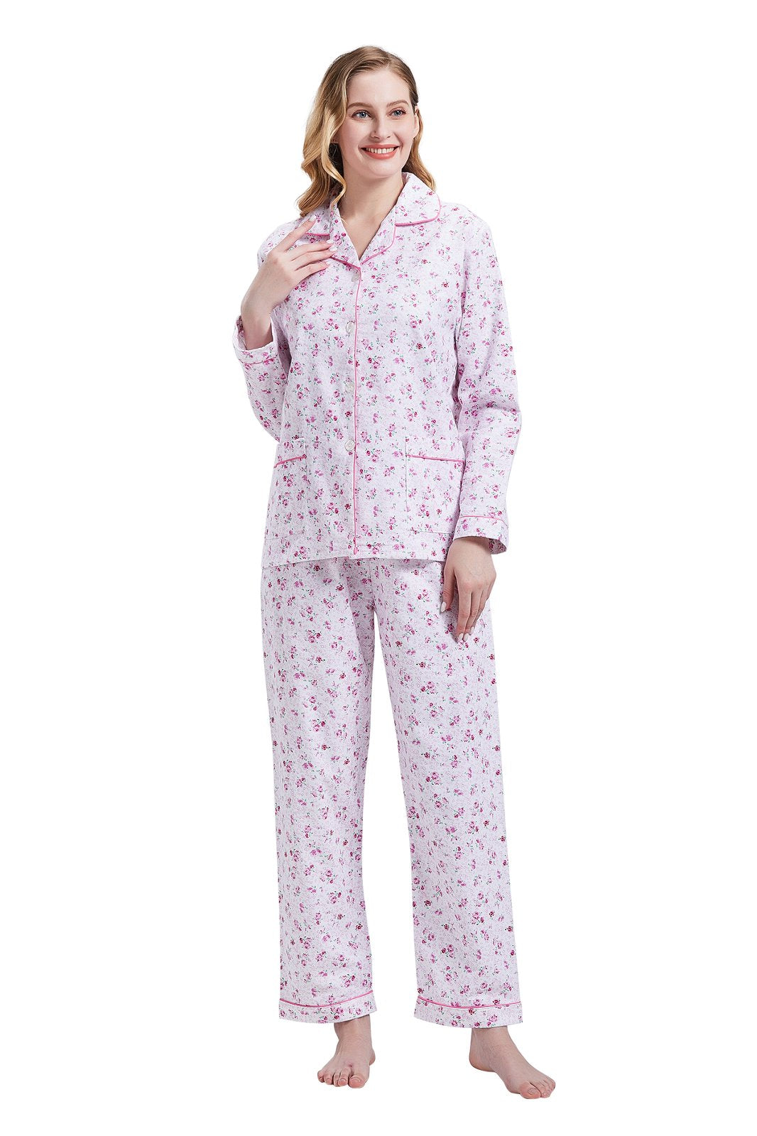 GLOBAL Womens Cotton Flannel Pajama Set - Cozy Winter 2-Piece Loungewear with Button-Down Top & Pants, Size S-3XL