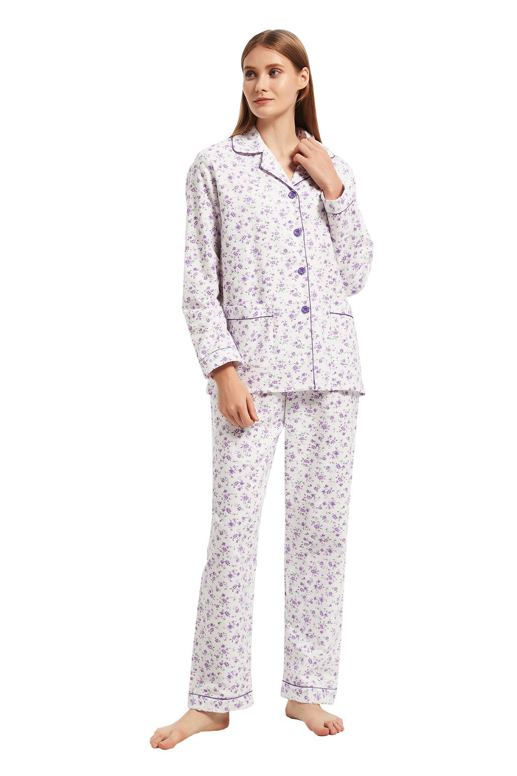 GLOBAL Womens Flannel Cotton Pajama Set Long PJs Cozy Winter Flannel Loungewear Sleepwear