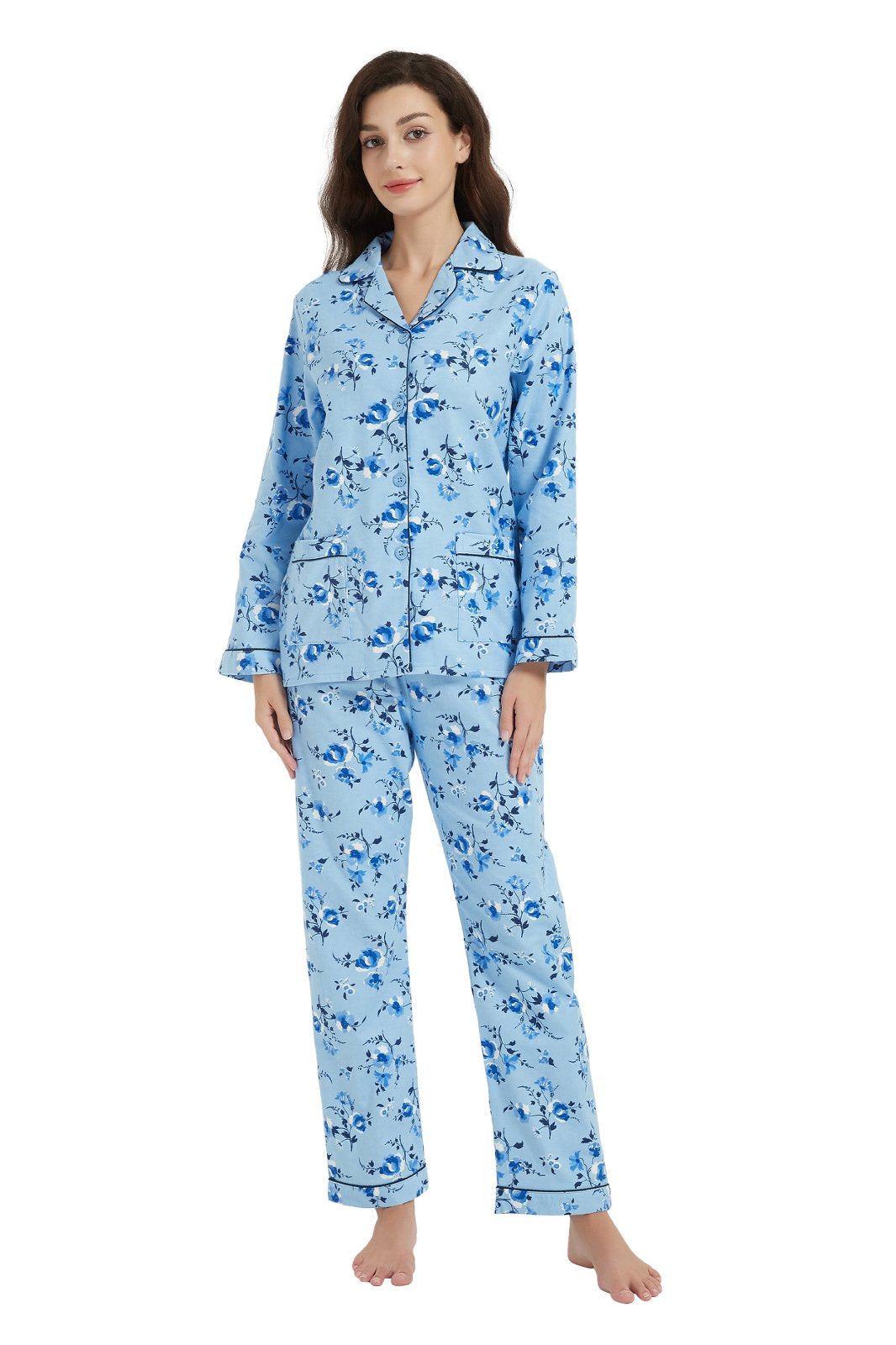 GLOBAL Womens Flannel Cotton Pajama Set Long PJs Flannel Loungewear Sleepwear