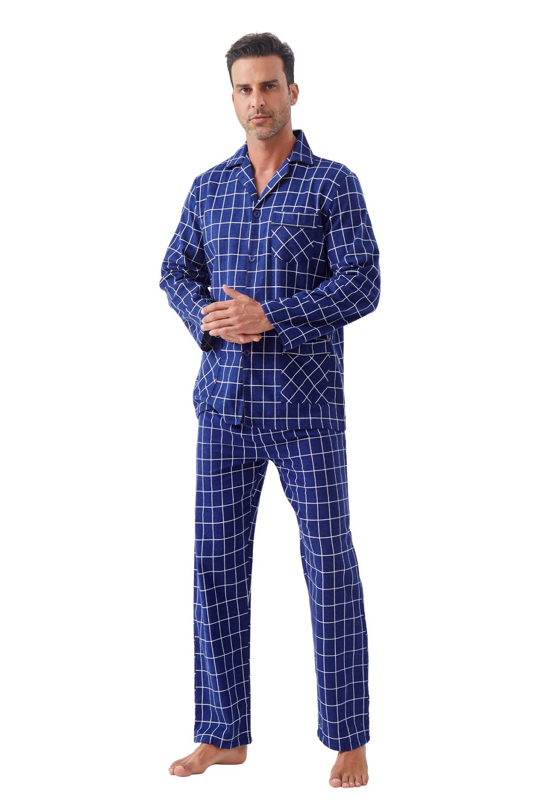 GLOBAL Men's Cotton Flannel Pajama Set, Long Sleeve Button‑Down Top & Long Pants Sleepwear, Soft Warm Loungewear, S-3XL