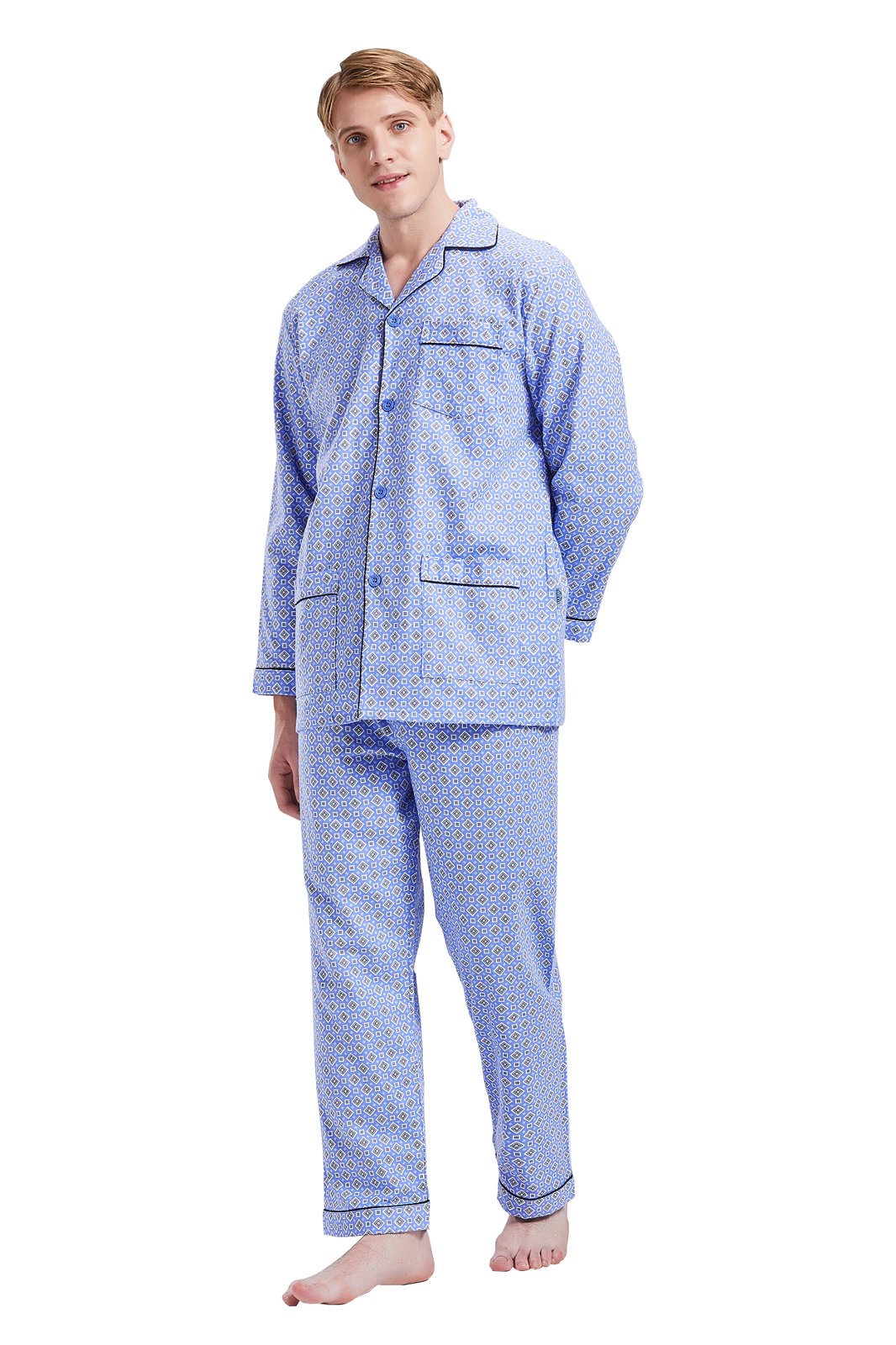 GLOBAL Men's Pajamas Sets 100% Cotton Flannel Sleepwear Long-Sleeve Top & Bottom