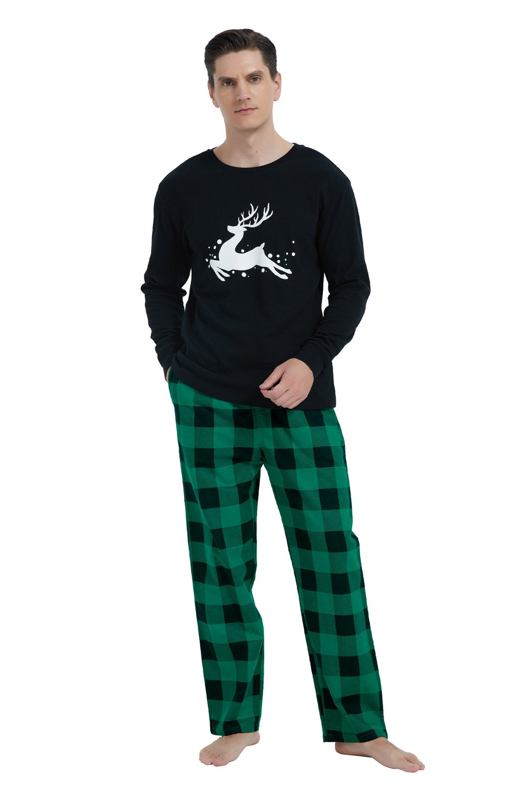 GLOBAL Men's Cotton Knit Top Flannel Pants Sleepwear Matching Pajamas for Couple Pjs for Family, Size S-3XL