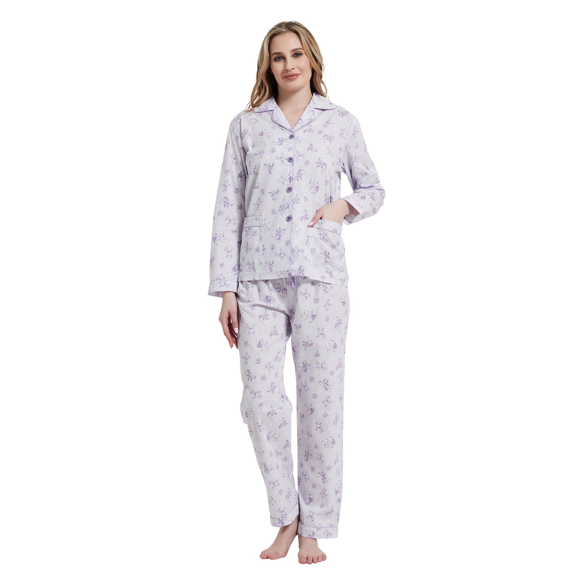 Amaxer Women's Pure Cotton Long Sleeve Notch Collar Pajama Set - Breathable Lightweight Sleepwear , Soft Loungewear for Spring and Summer & Comfort