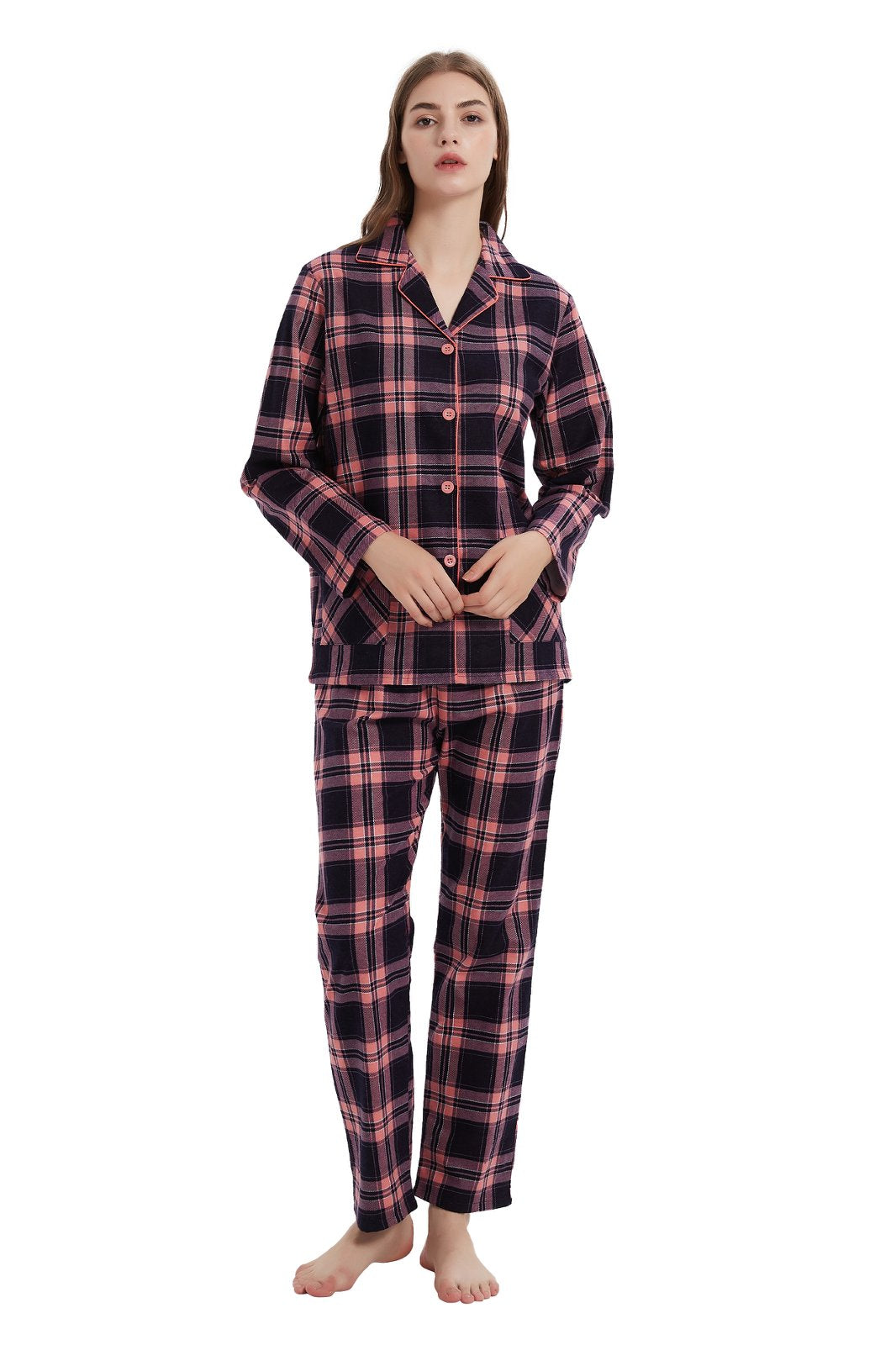 GLOBAL Womens Flannel Cotton Pajama Set Long PJs Flannel Loungewear Sleepwear