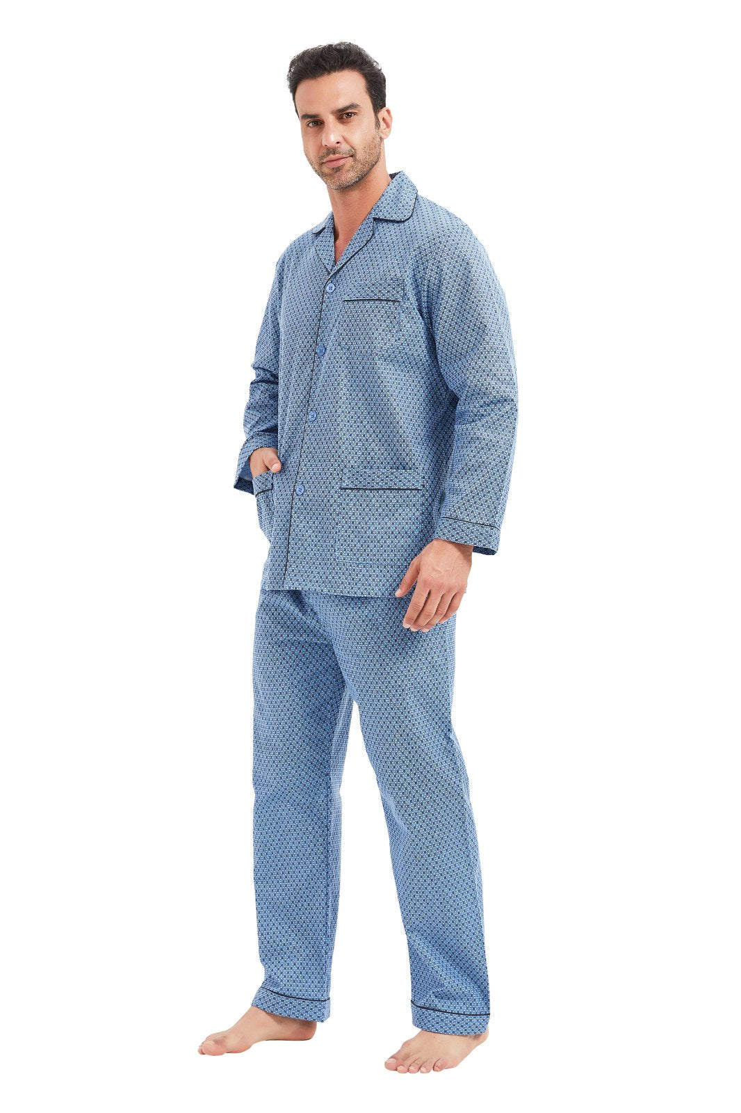 GLOBAL Men's Cotton Flannel Pajama Set, Long Sleeve Button‑Down Top & Long Pants Sleepwear, Soft Warm Loungewear, S-3XL