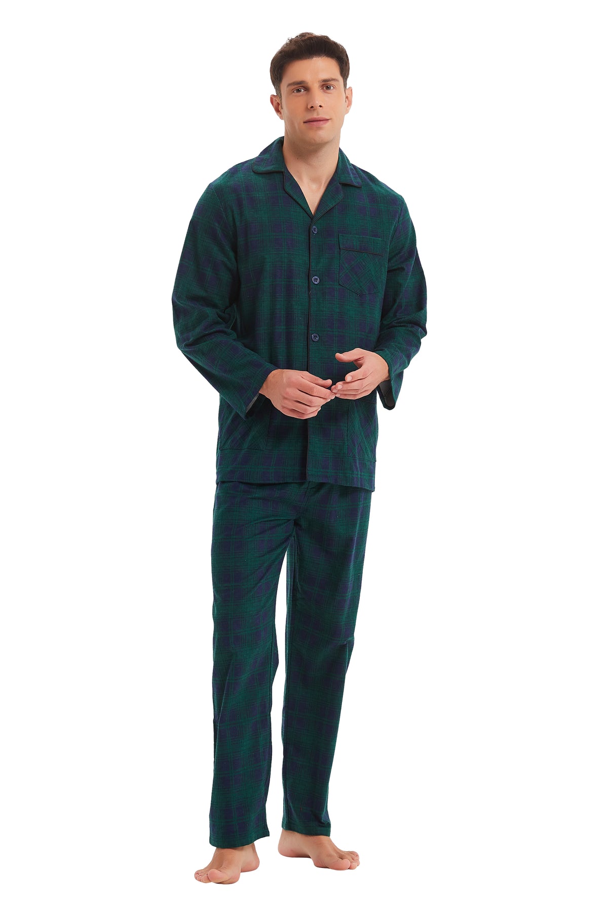 GLOBAL Men's Cotton Flannel Pajama Set, Long Sleeve Button‑Down Top & Long Pants Sleepwear, Soft Warm Loungewear, S-3XL