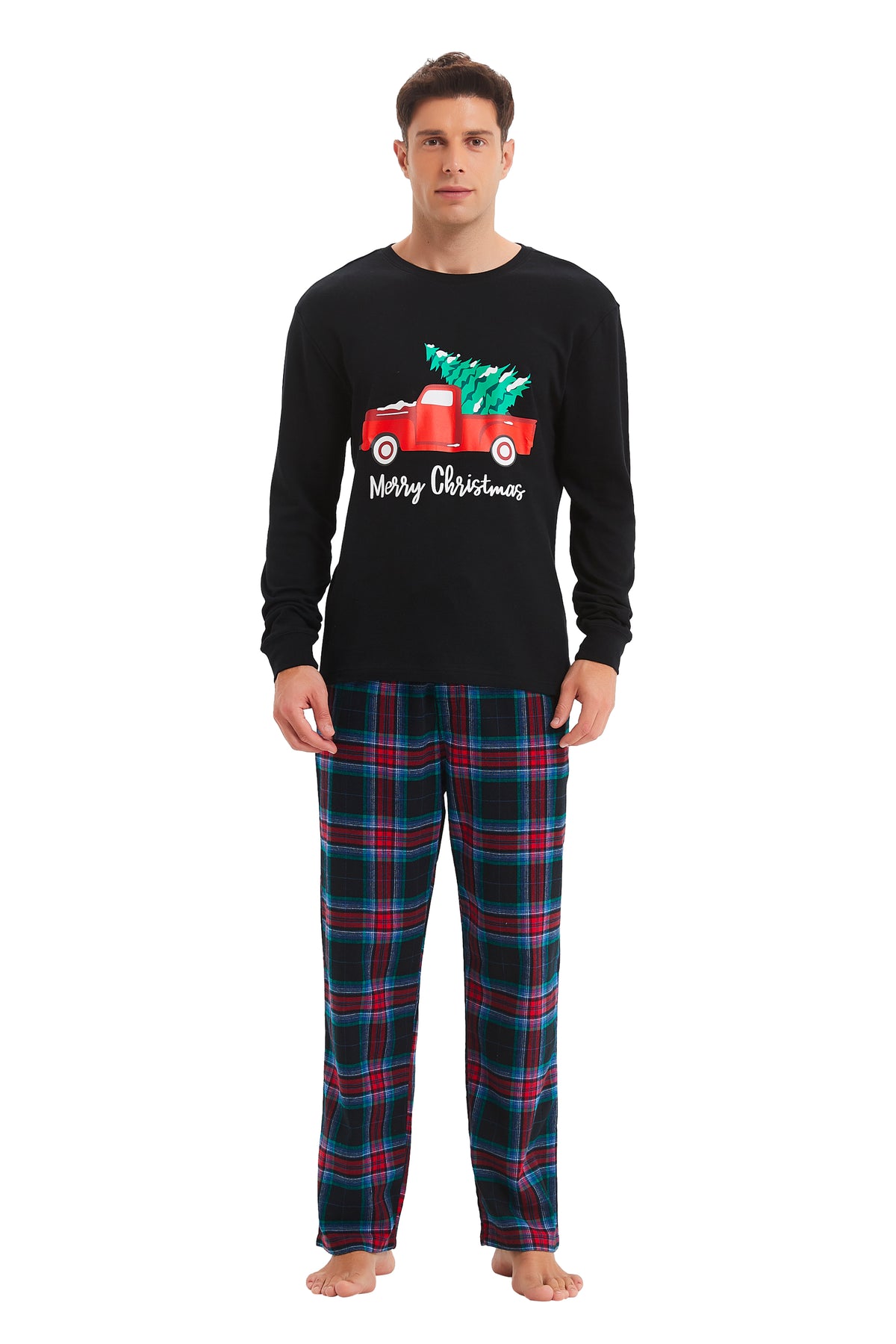 GLOBAL Men's Cotton Knit Top Flannel Pants Sleepwear Matching Pajamas for Couple Pjs for Family, Size S-3XL