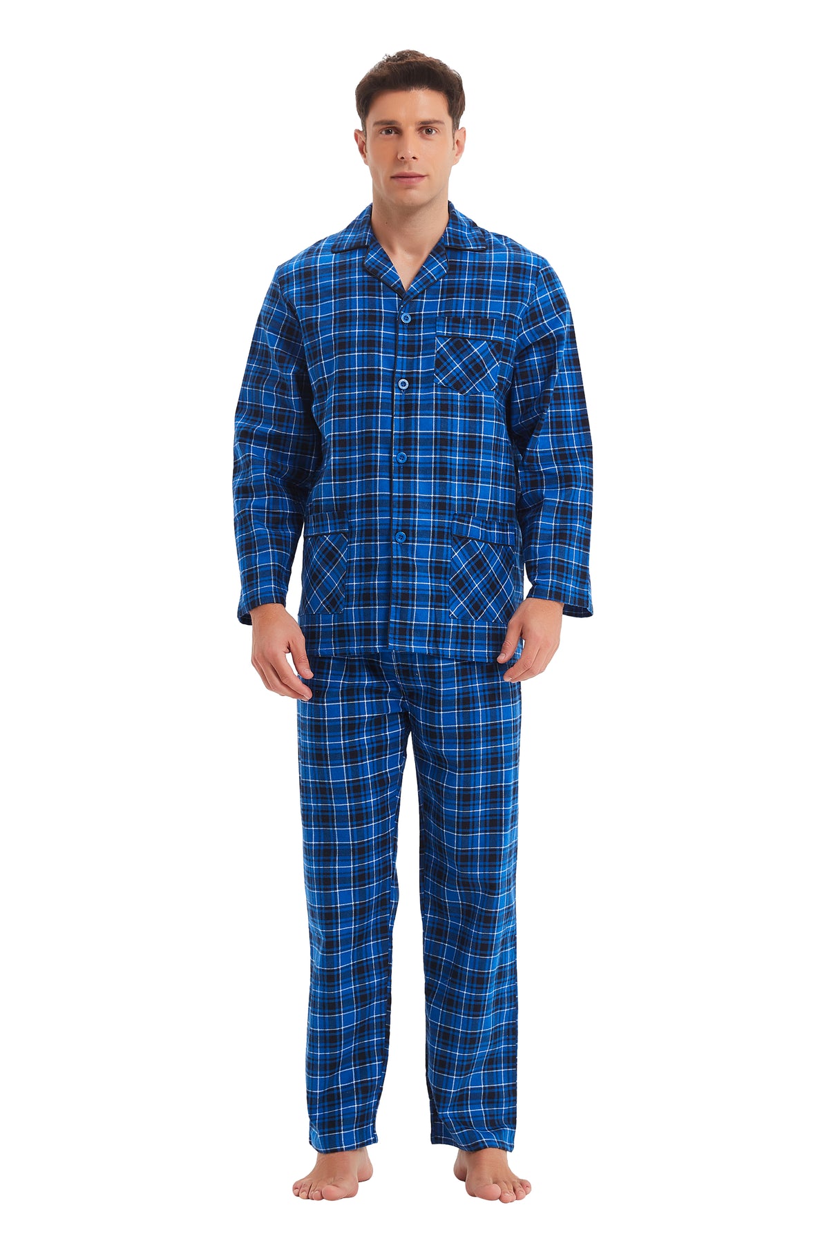 GLOBAL Men's Cotton Flannel Pajama Set, Long Sleeve Button‑Down Top & Long Pants Sleepwear, Soft Warm Loungewear, S-3XL