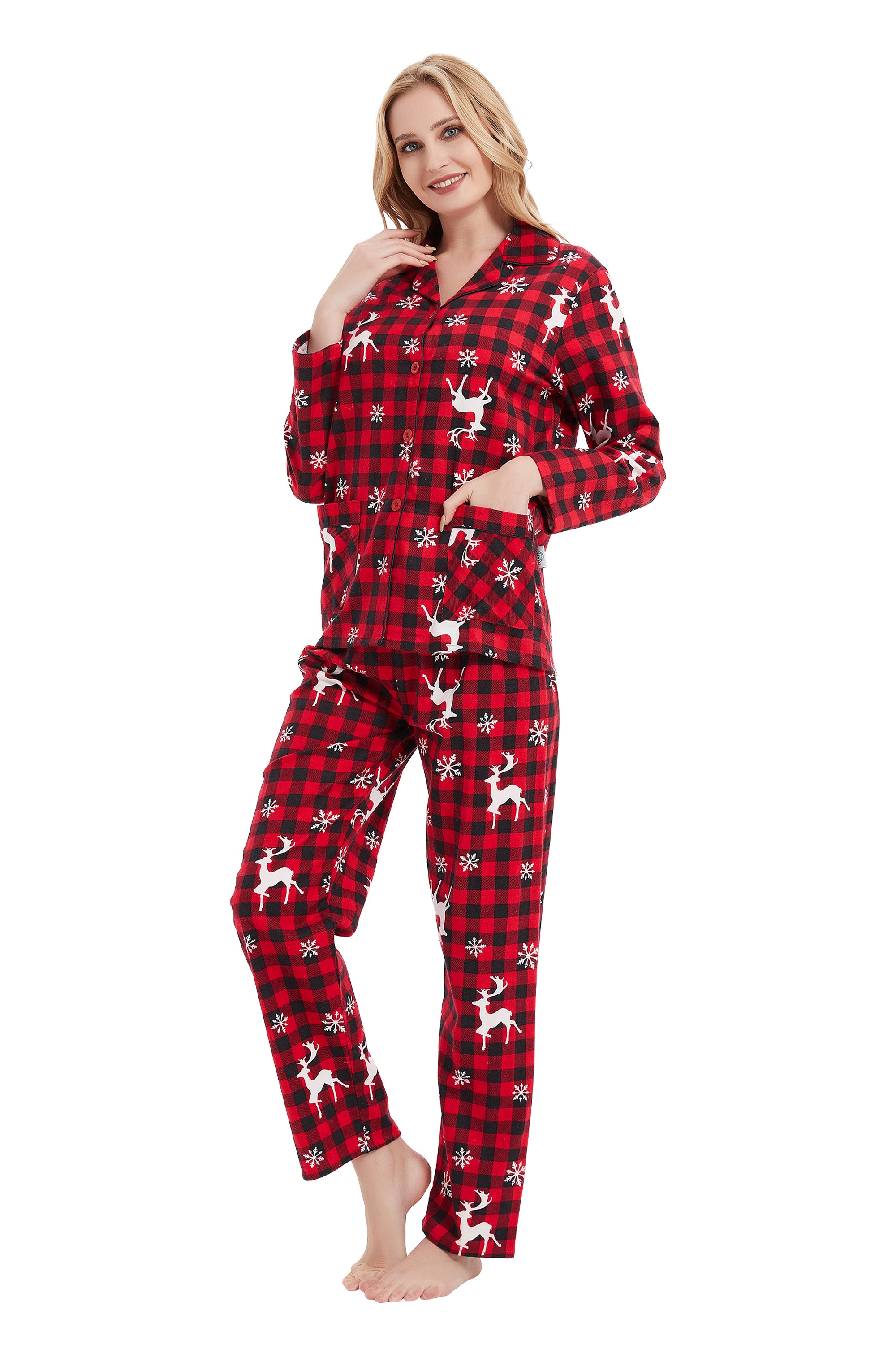 GLOBAL Womens Flannel Cotton Pajama Set Long PJs Flannel Loungewear Sleepwear,Size S-3XL