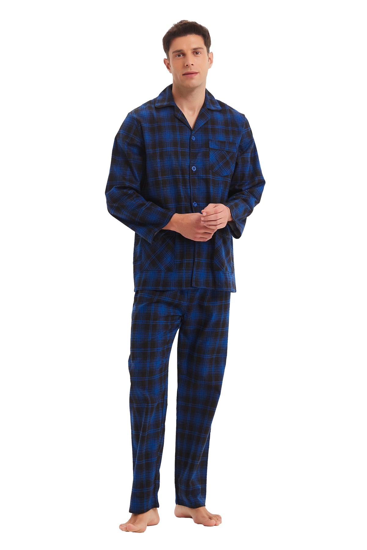 GLOBAL Men's Cotton Flannel Pajama Set, Long Sleeve Button‑Down Top & Long Pants Sleepwear, Soft Warm Loungewear, S-3XL