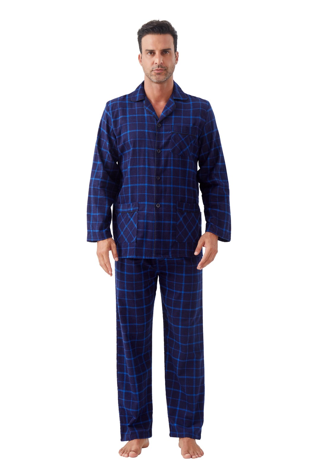 GLOBAL Men's Cotton Flannel Pajama Set, Long Sleeve Button‑Down Top & Long Pants Sleepwear, Soft Warm Loungewear, S-3XL
