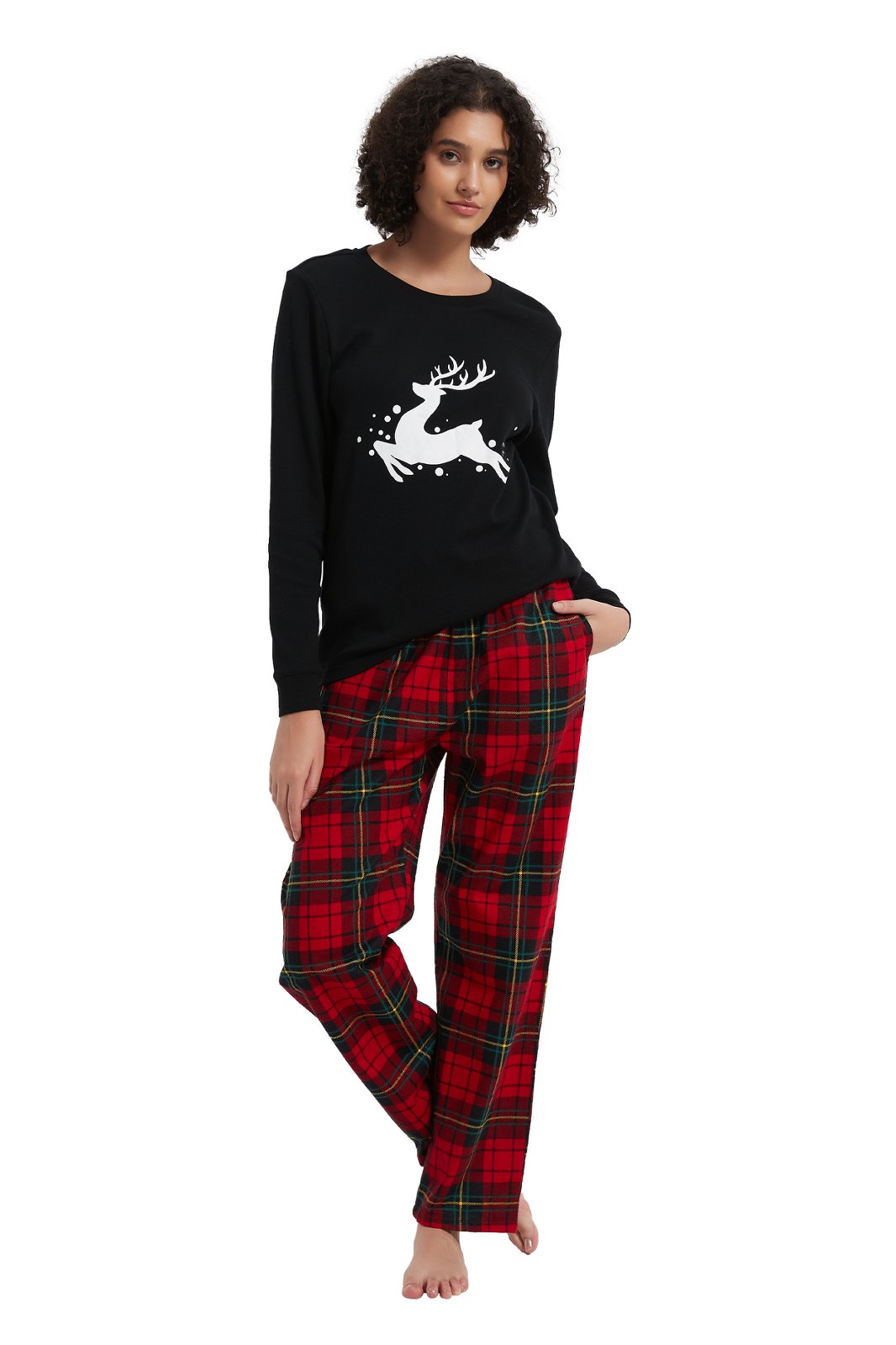 GLOBAL Women's Cotton Knit Top Flannel Pants Sleepwear Matching Pajamas for Couple Pjs for Family, Size S-3XL