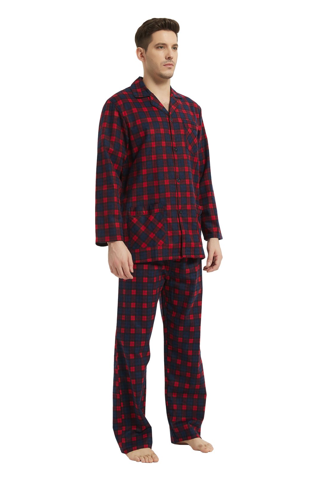 Amaxer Mens Cotton Flannel Pajama Set, Long Sleeve Button‑Down Top & Elastic Waist Long Pants, Breathable Sleep Loungewear, Size M