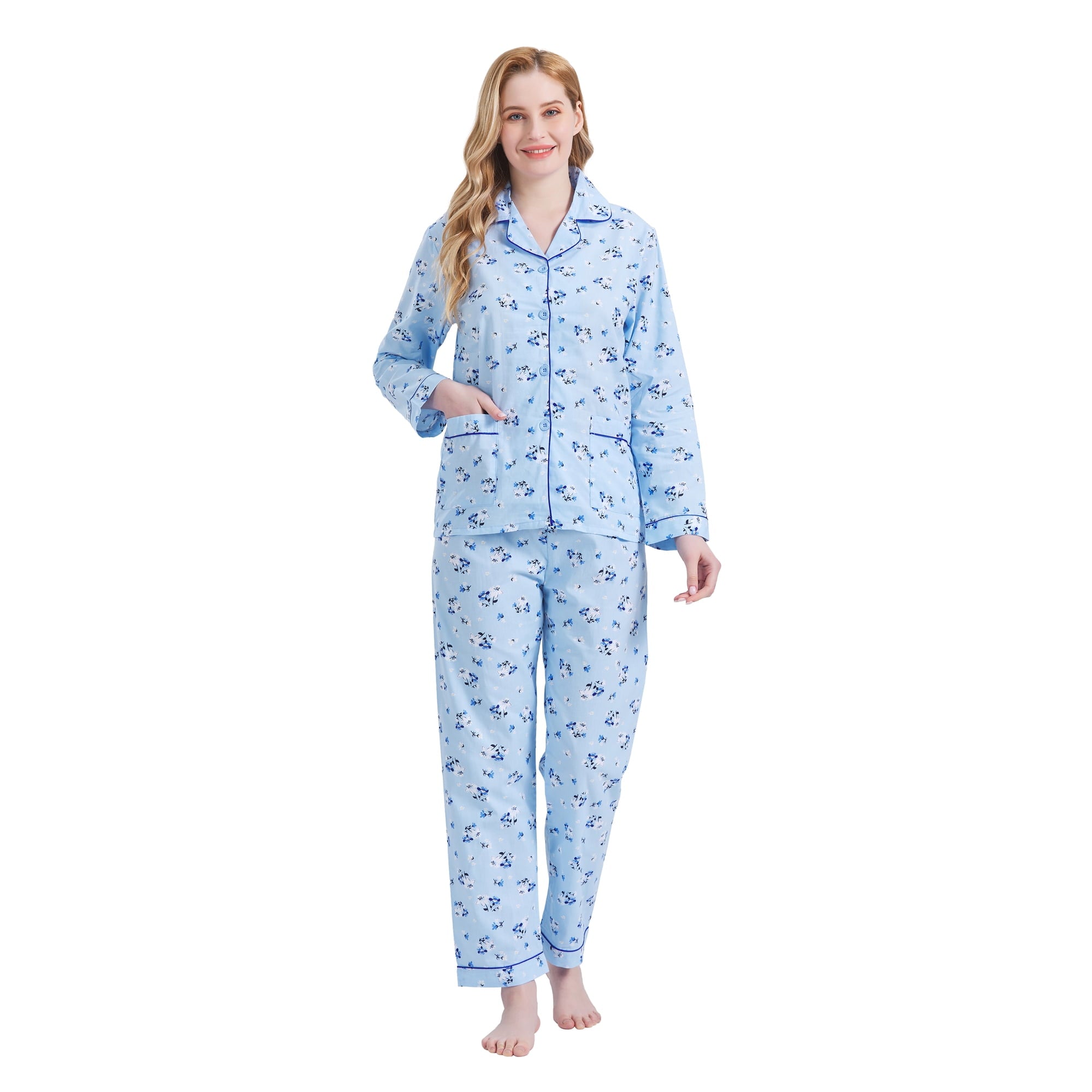 GLOBAL 100% Cotton Pajamas for Women Notch Collar Pjs Cozy Button Down Homewear with Pockets, Spring & Summer, 2-Piece, Sizes S to 3X