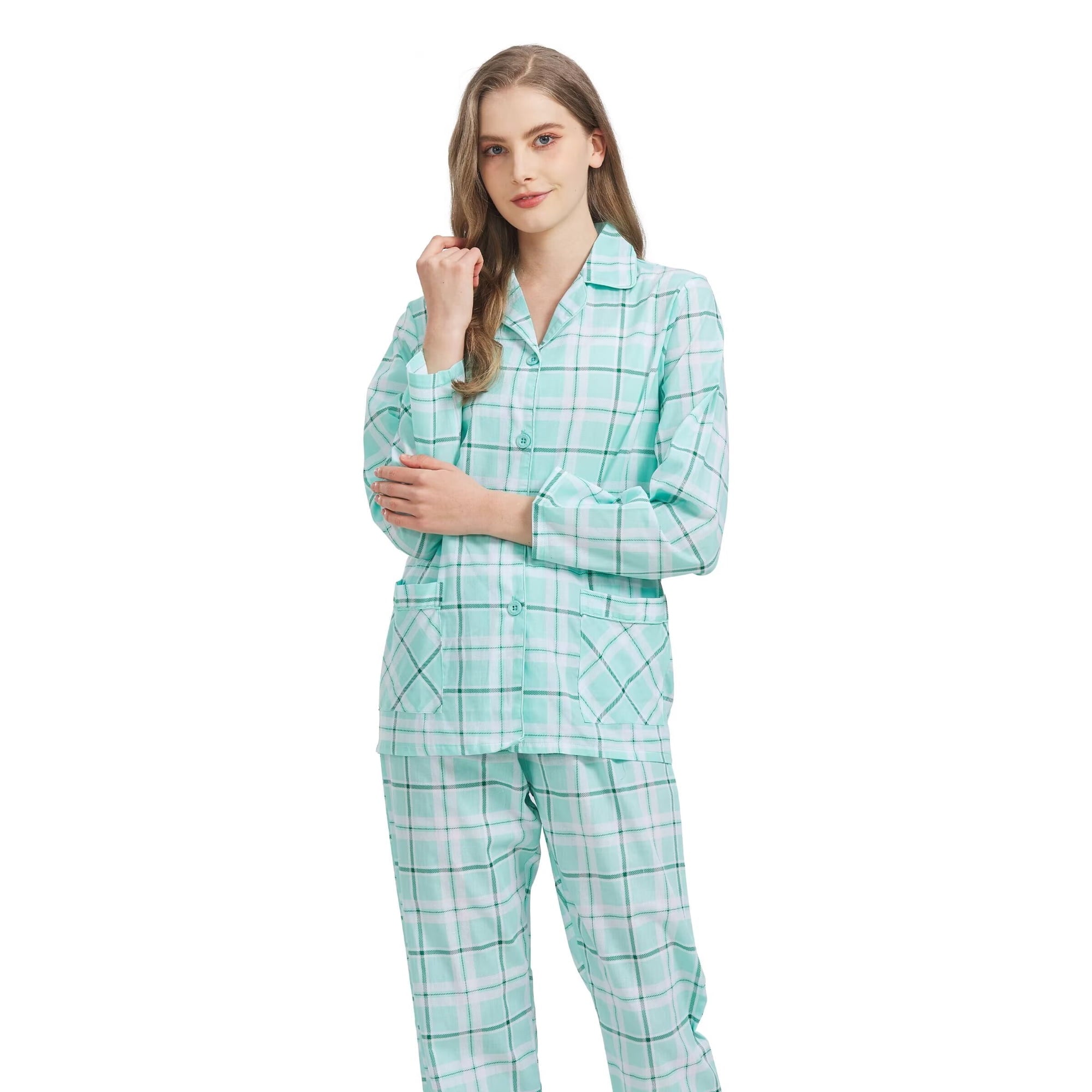 GLOBAL 100% Cotton Pajamas for Women Notch Collar Pjs Cozy Button Down Homewear with Pockets, Spring & Summer, 2-Piece, Sizes S to 3X