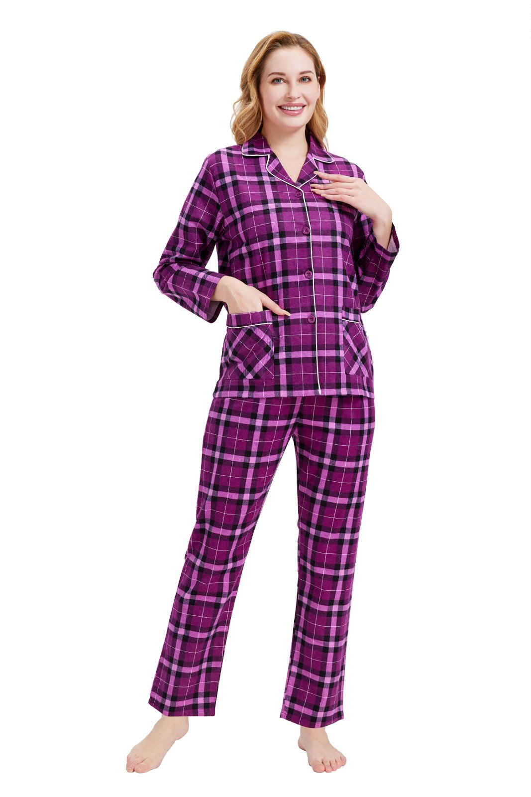 GLOBAL Women’s Flannel Pajama Set 100% Cotton Comfy PJs for Women Long Sleeve Button Front 2-Piece Warm and Cozy Sleepwear