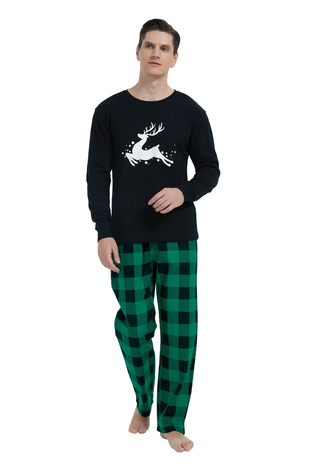 GLOBAL Men's Cotton Knit Top Flannel Pants Sleepwear Matching Pajamas for Couple Pjs for Family, Size S-3XL