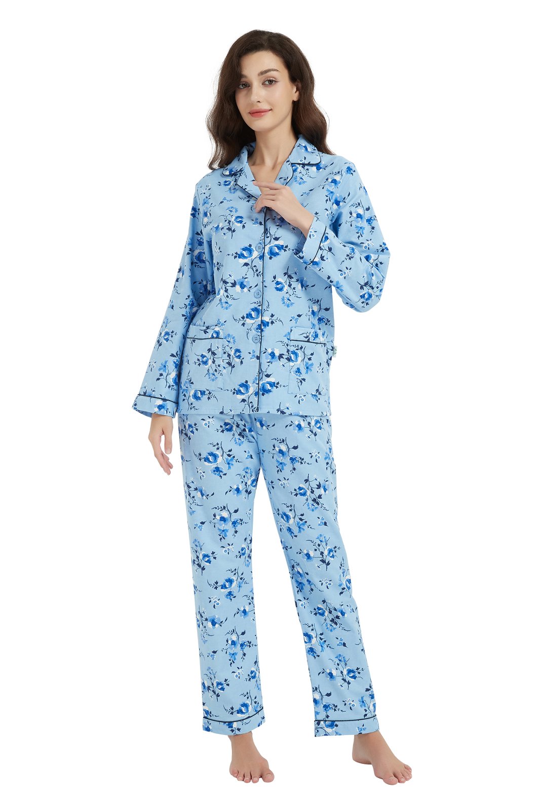 GLOBAL Womens Flannel Cotton Pajama Set Long PJs Flannel Loungewear Sleepwear