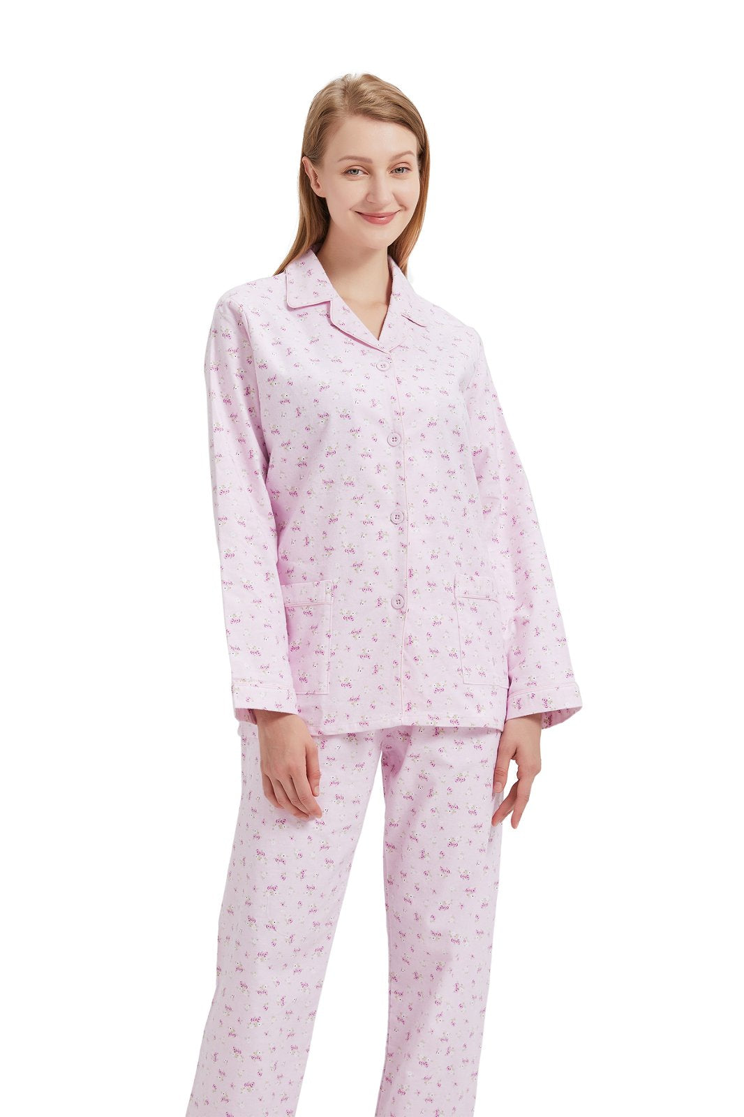 GLOBAL Womens Cotton Flannel Pajama Set - Cozy Winter 2-Piece Loungewear with Button-Down Top & Pants