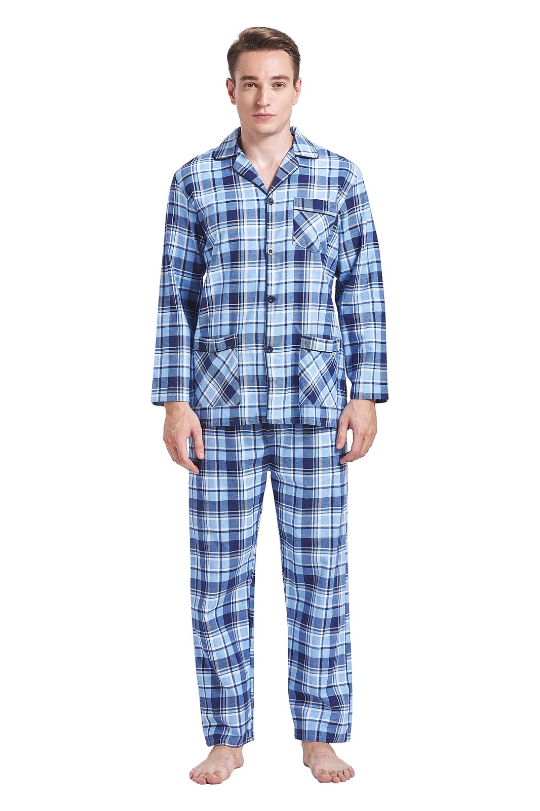 Amaxer Mens Cotton Flannel Pajama Set, Long Sleeve Button‑Down Top & Elastic Waist Long Pants, Breathable Sleep Loungewear, Size L