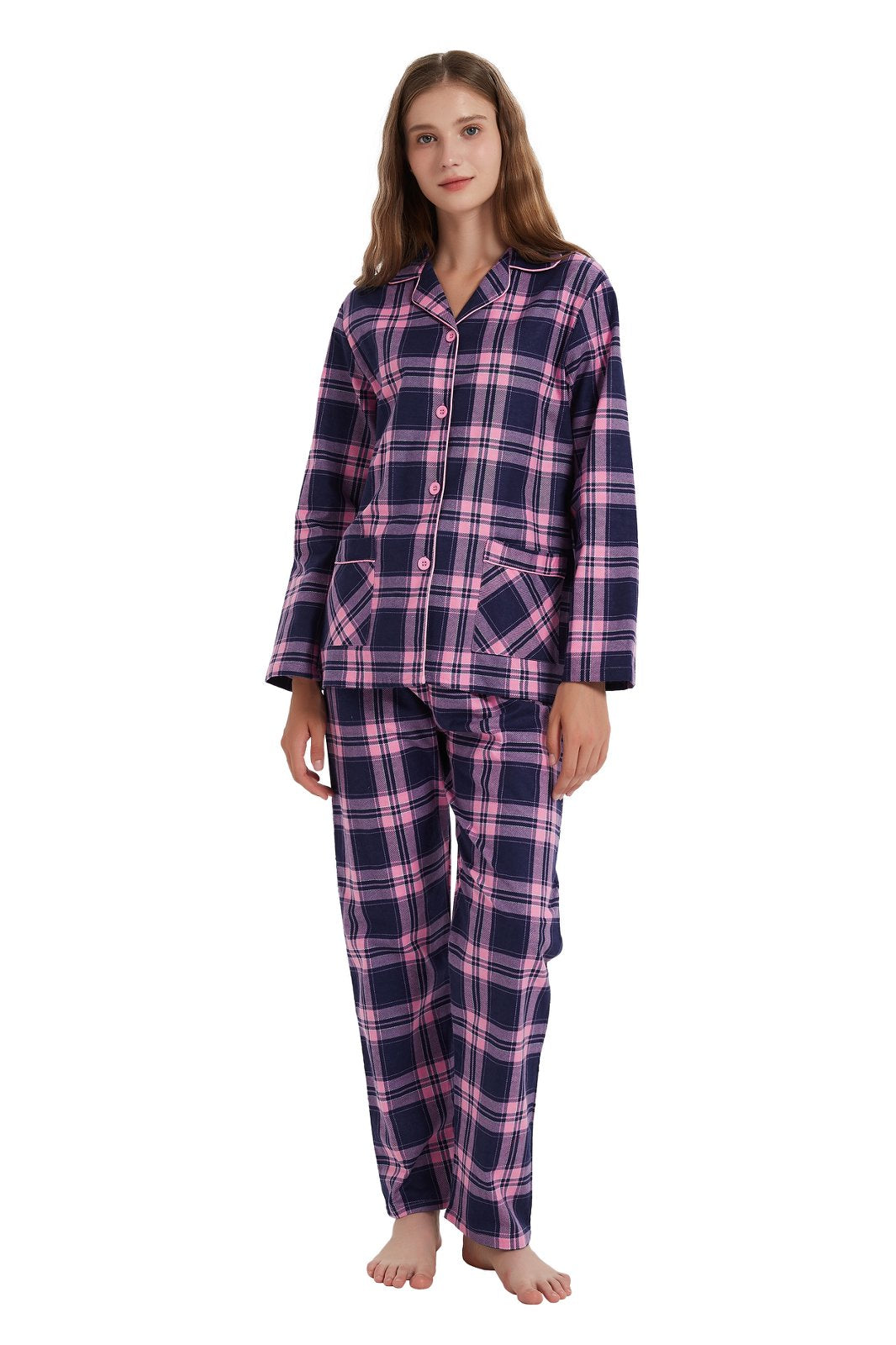 Amaxer Womens 100% Cotton Cozy Flannel Pajama Set - Long Sleeve Button-Up Top with Elastic Waist Pants, Warm & Soft Sleepwear