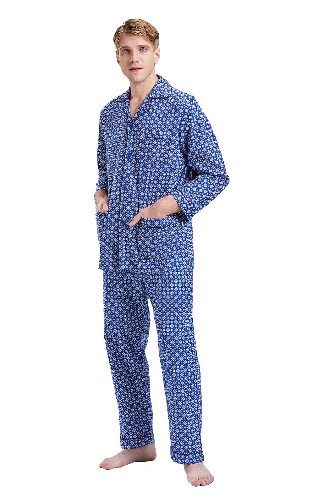 GLOBAL Men's Pajamas Sets 100% Cotton Flannel Sleepwear Long-Sleeve Top & Bottom